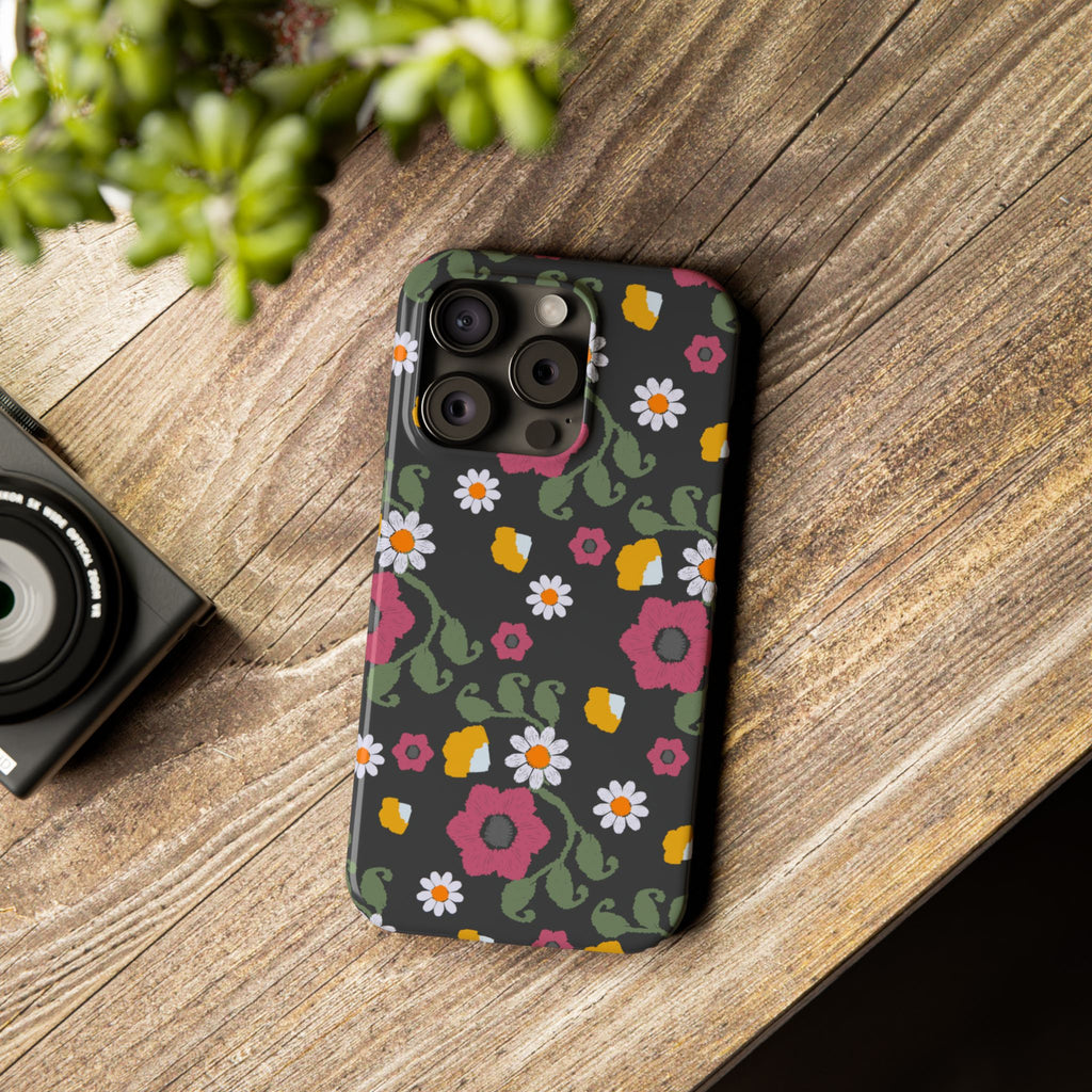 Floral Slim Phone Case, Black Flower Phone Cover, Stylish Phone Accessory, Gift for Her, Trendy Floral Case