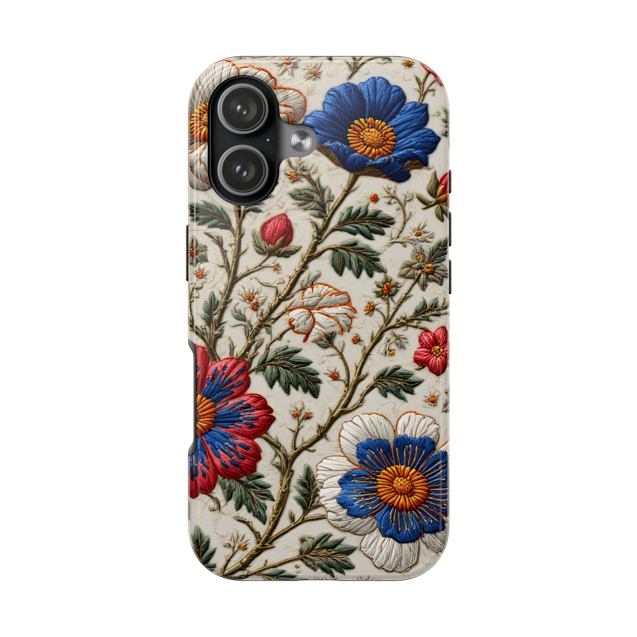 Floral Embroidery Tough Phone Case — Vintage Blue & Red Garden Design