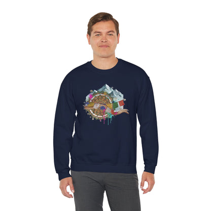 Adventure Mountain Crewneck Sweatshirt — Colorful Hiking Compass & Peaks Design