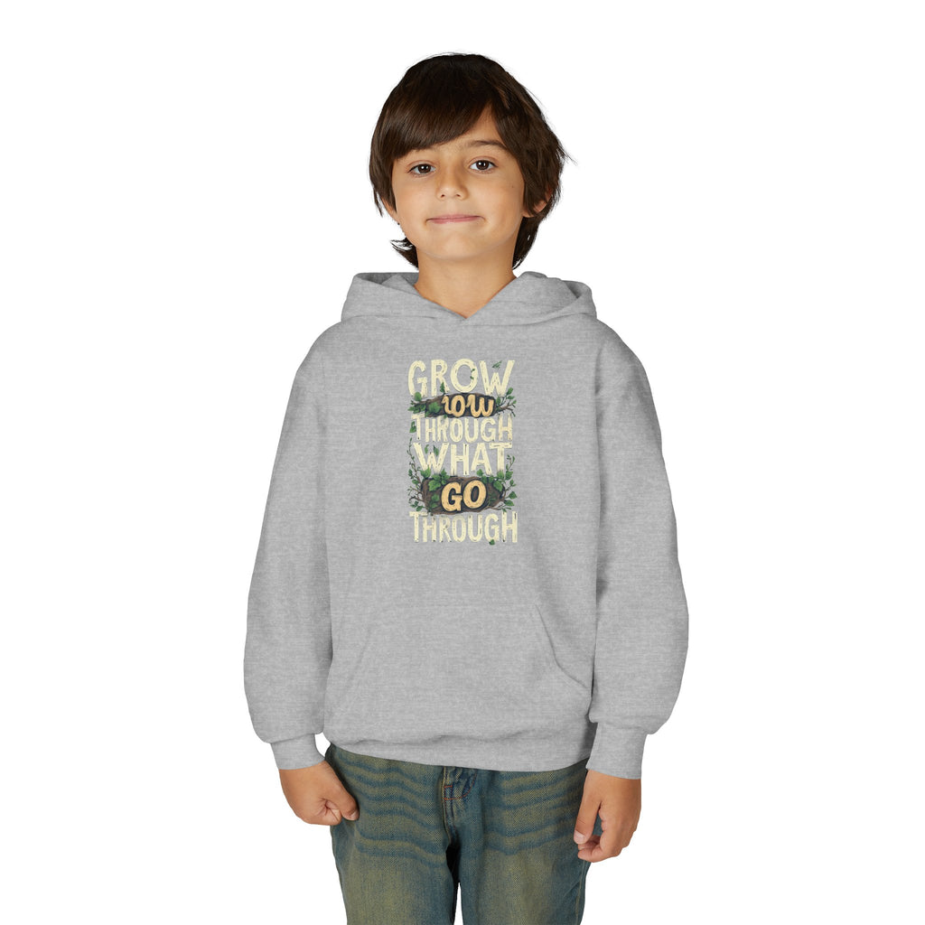 Youth Hoodie — 'Grow Slow, Go Through' Floral Motivational Hooded Sweatshirt