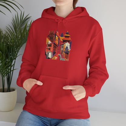 Cityscape Collage Hoodie — Colorful Urban Architecture Graphic Hoodie