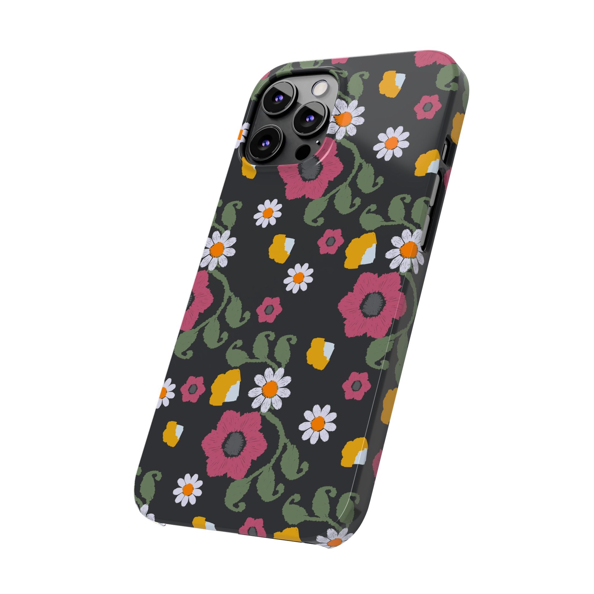 Floral Slim Phone Case, Black Flower Phone Cover, Stylish Phone Accessory, Gift for Her, Trendy Floral Case