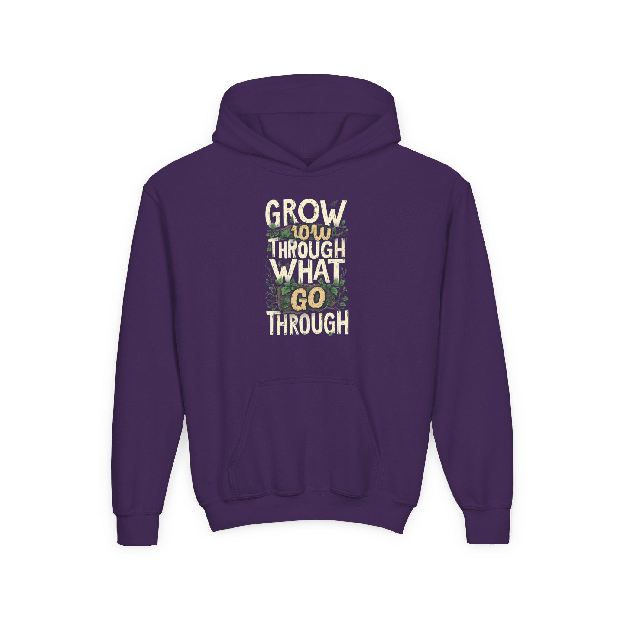 Youth Hoodie — 'Grow Slow, Go Through' Floral Motivational Hooded Sweatshirt