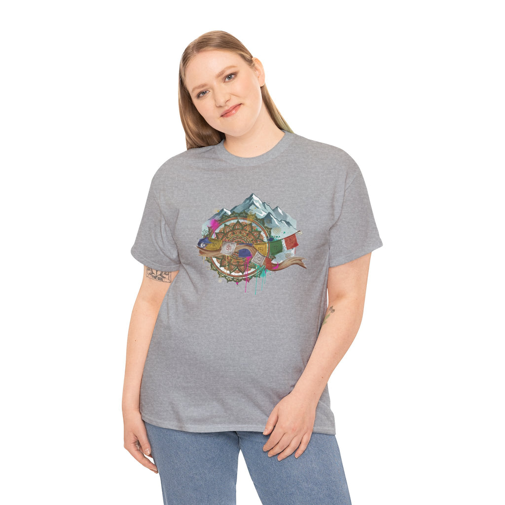Adventure Compass Graphic Tee — Mountain, Globe & Flag Illustration