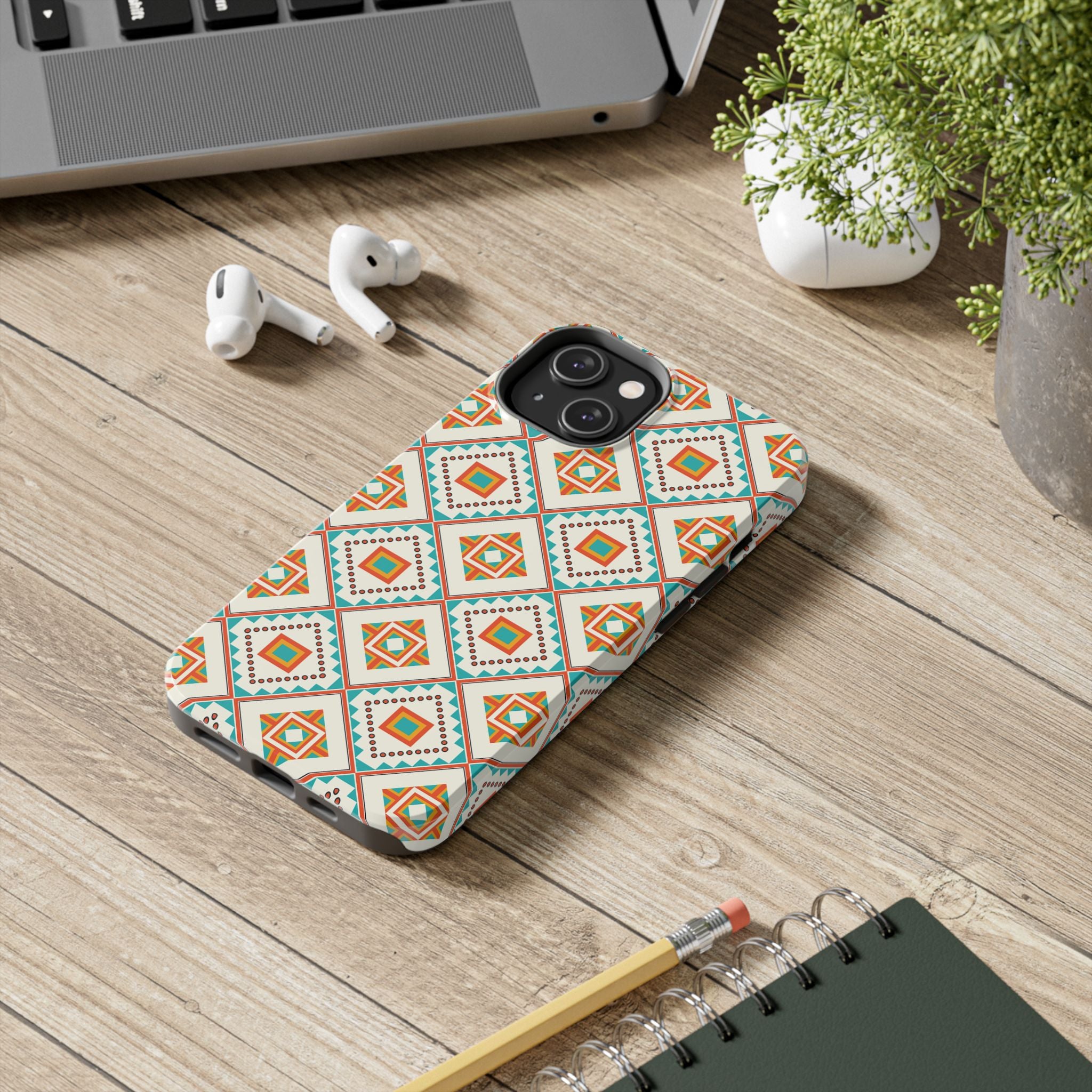 Tough Phone Case — Geometric Retro Tile Pattern, Orange & Teal Protective Cover