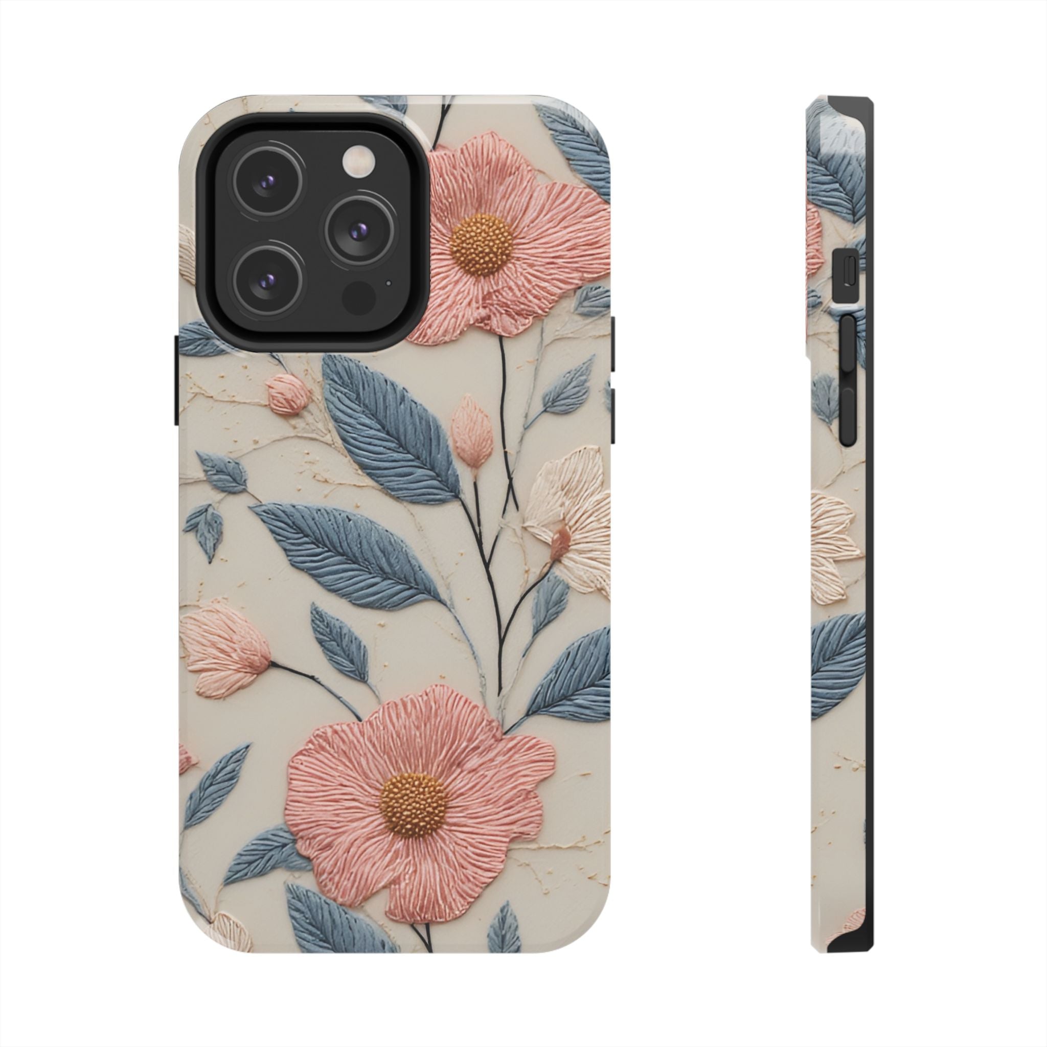 Floral Embroidered Tough Phone Case — Pink Blossom Protective Phone Cover