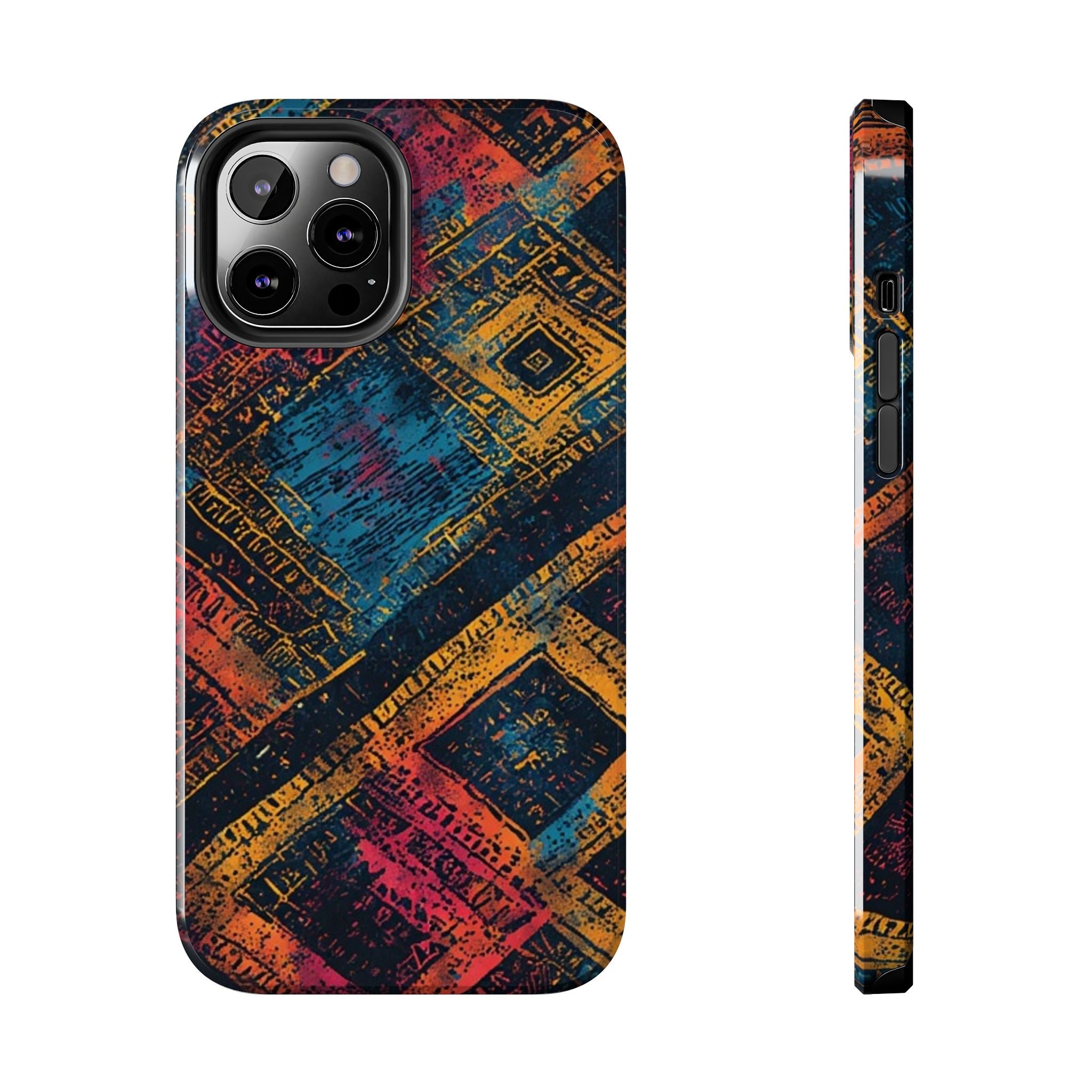 Tough Phone Case – Abstract Rustic Geometric Design (Blue, Orange, Magenta)