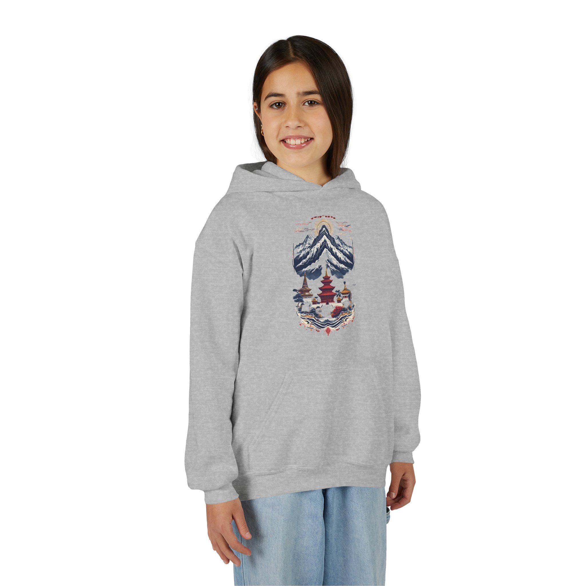 Youth Hoodie — Mountain Pagoda Watercolor Graphic (Asian Temple Winter Vibe)