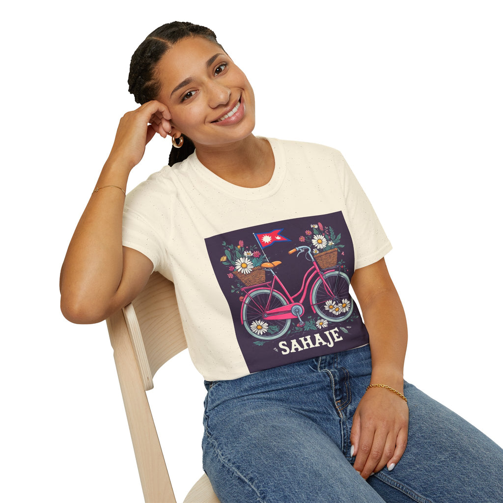 Bicycle Floral T-Shirt – Pink Bike with Baskets & "Sahaje" Text