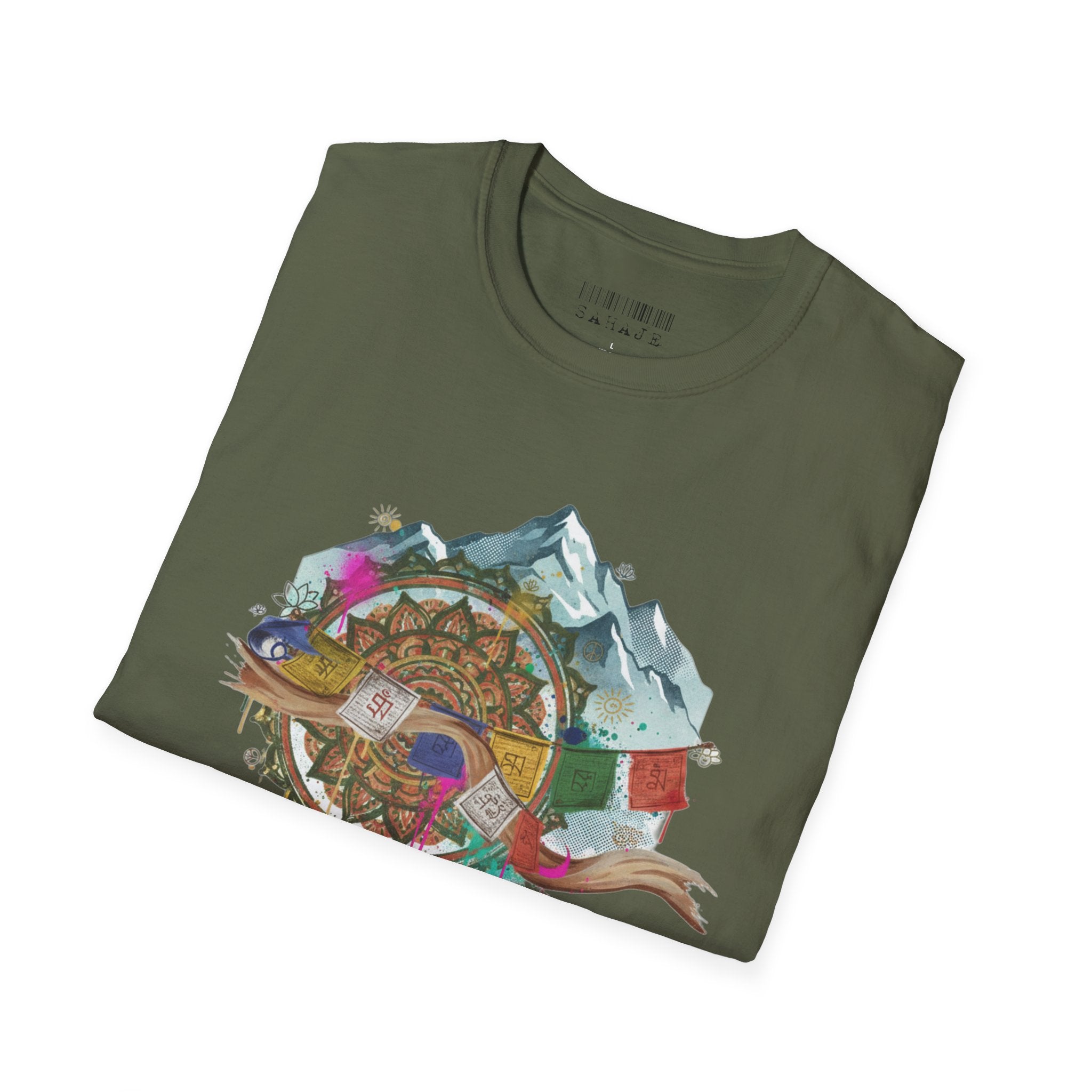 Adventure Compass T-Shirt — Mountain Compass with Prayer Flags & Colorful Globe