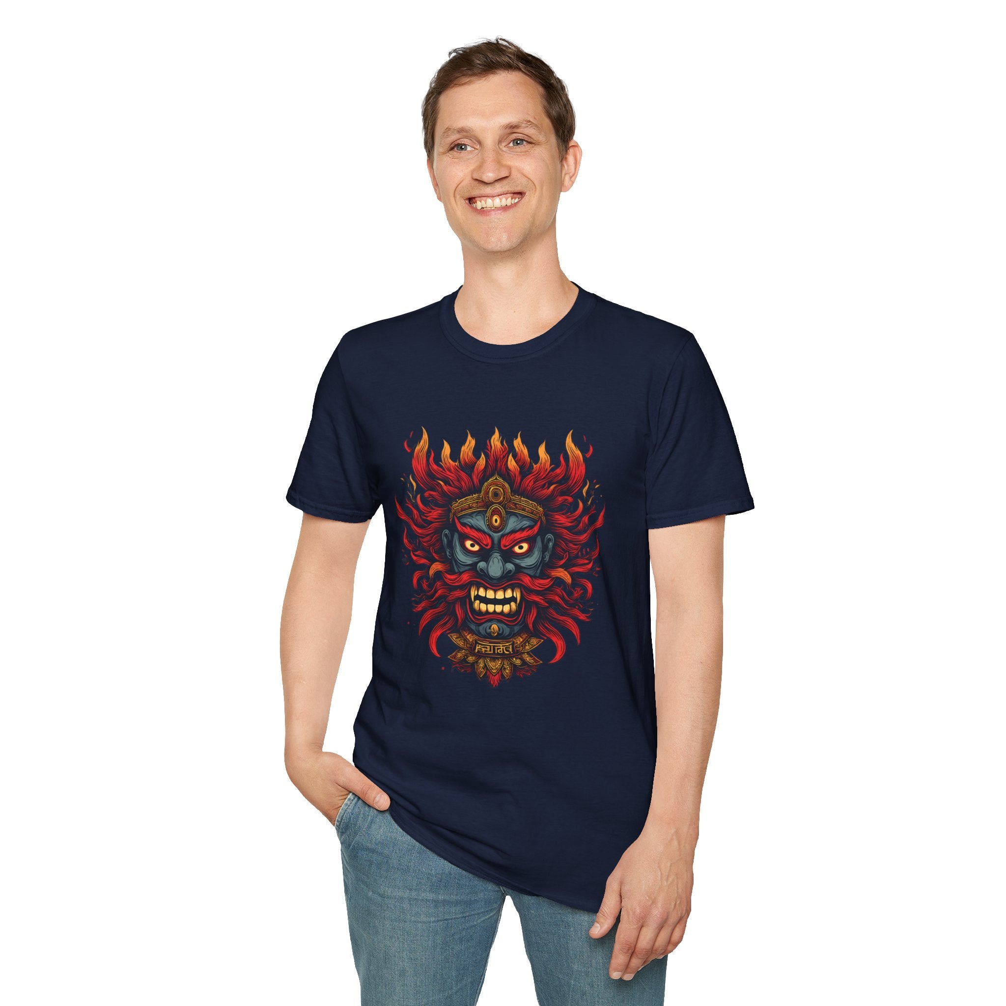 Flaming Demon Mask T-Shirt — Fierce Tattoo-Style Graphic Tee