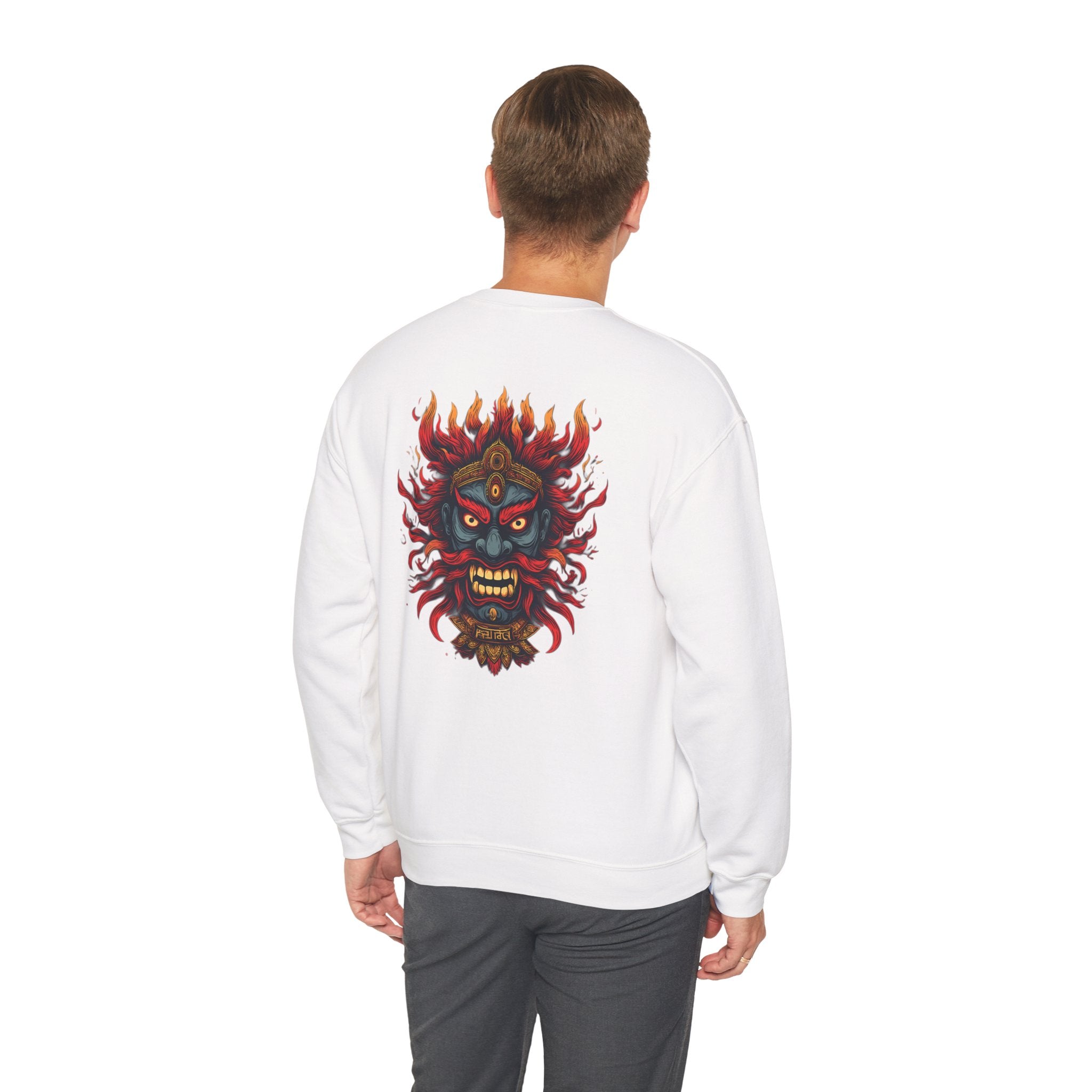 Crewneck Sweatshirt — Fiery Demon Mask Back Graphic