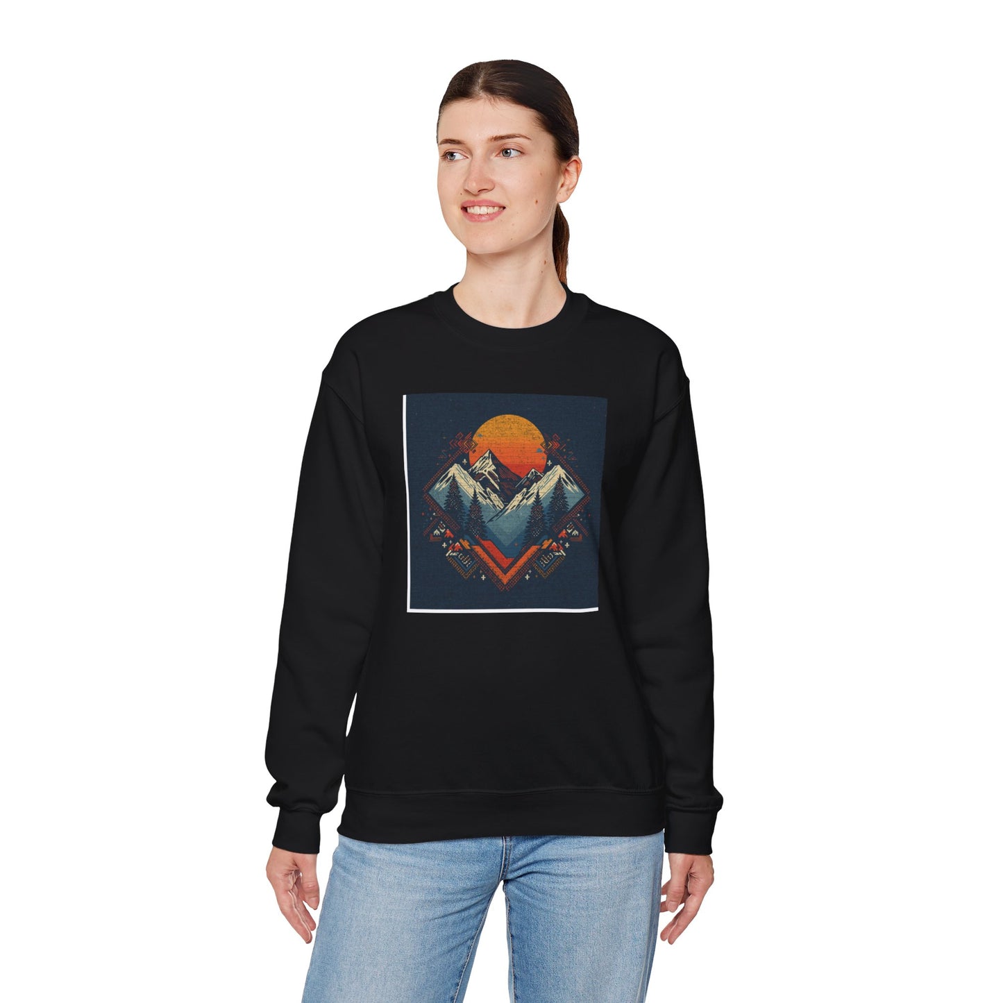 Mountain Sunset Crewneck Sweatshirt — Retro Geometric Peaks Graphic