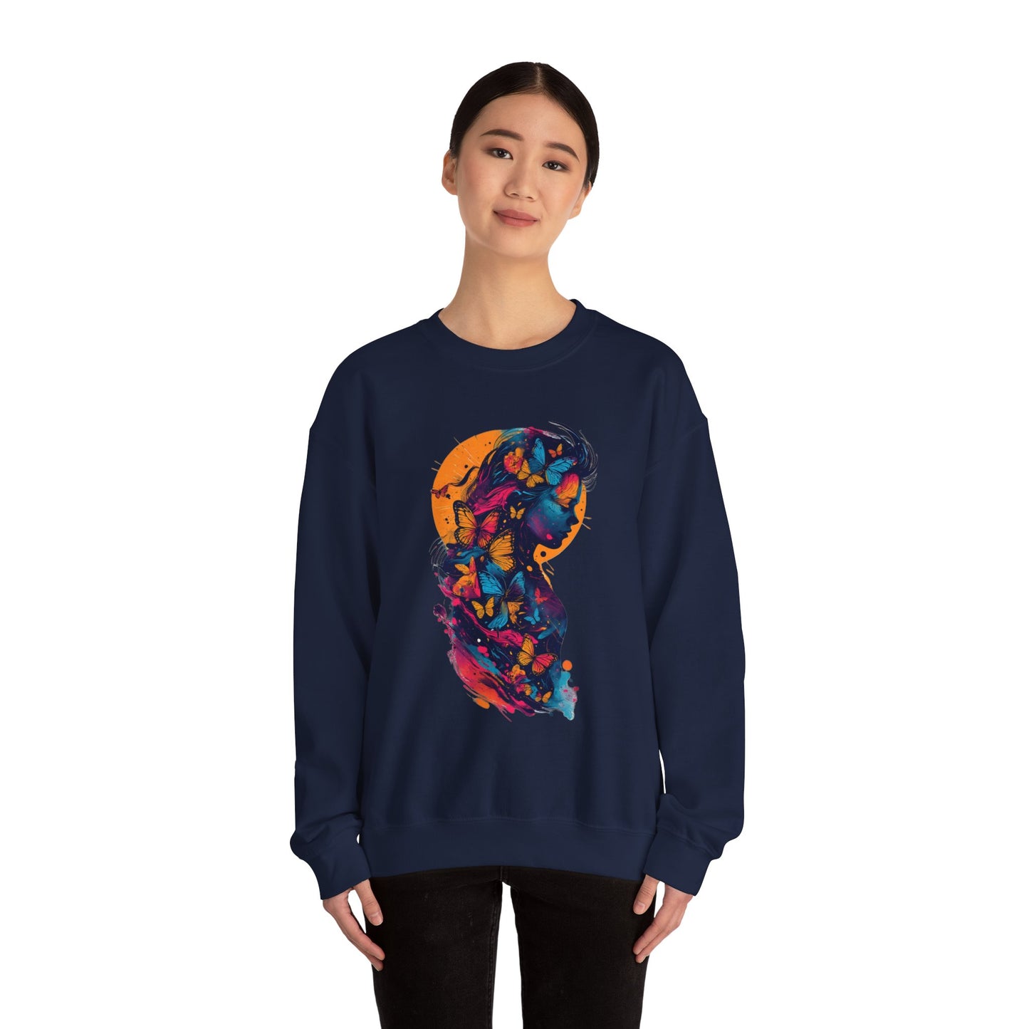 Butterfly Silhouette Crewneck Sweatshirt — Colorful Butterfly Profile Graphic