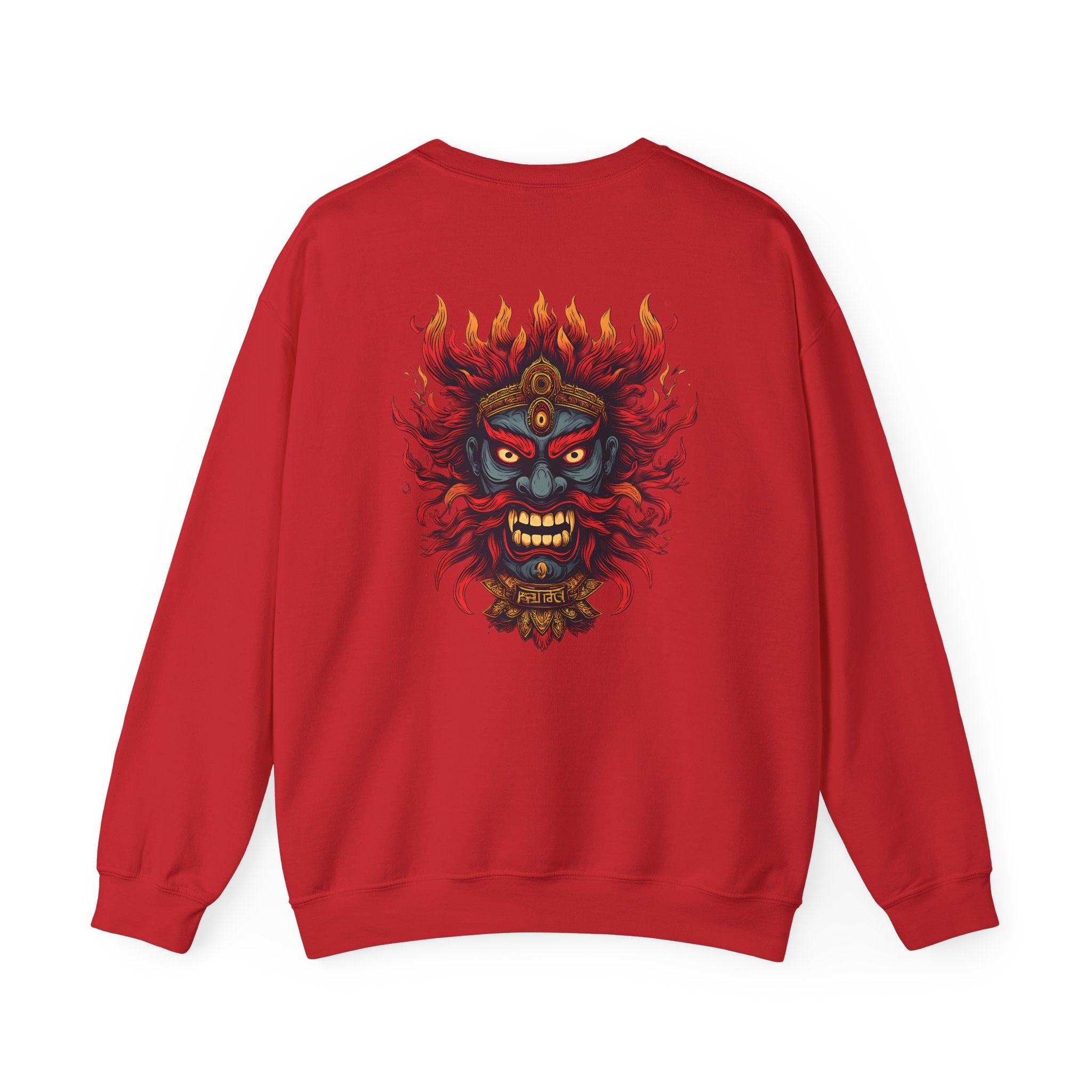 Crewneck Sweatshirt — Fiery Demon Mask Back Graphic
