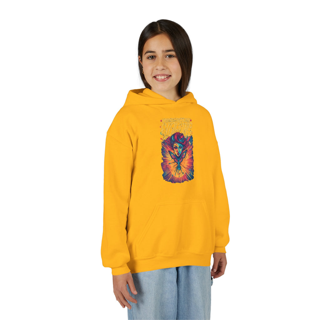 Youth Hoodie — Vibrant 'Evolving' Butterfly Girl Graphic Sweatshirt