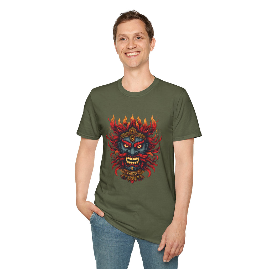 Flaming Demon Mask T-Shirt — Fierce Tattoo-Style Graphic Tee