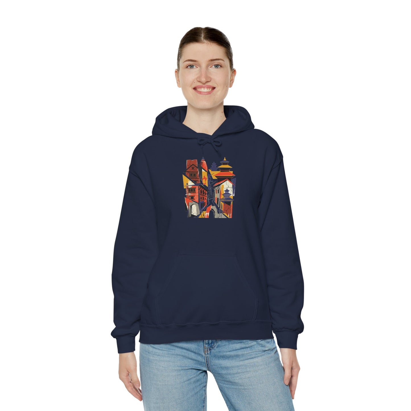 Cityscape Collage Hoodie — Colorful Urban Architecture Graphic Hoodie