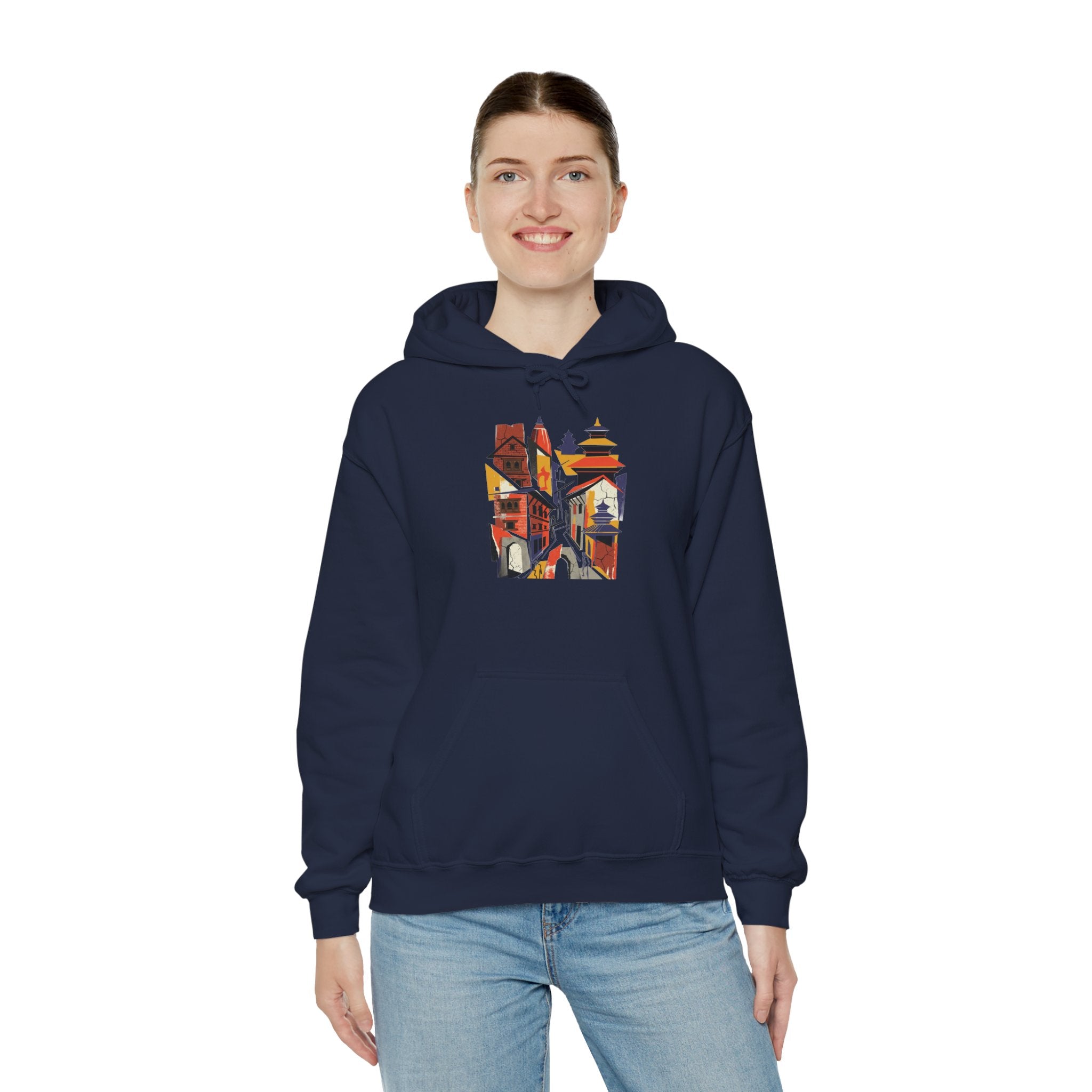 Cityscape Collage Hoodie — Colorful Urban Architecture Graphic Hoodie