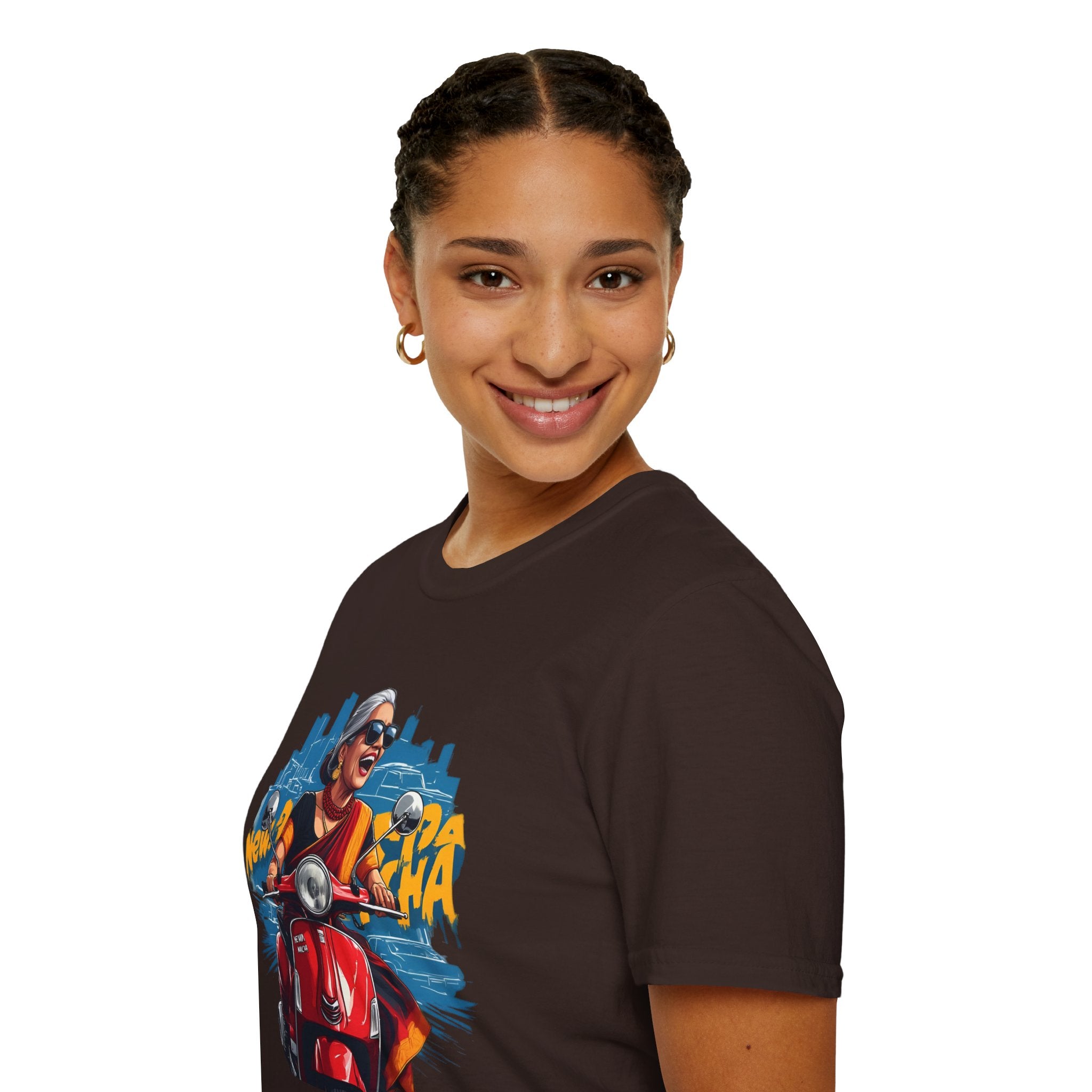 Newa Maicha Riding Scooter T-Shirt – Newari Woman in New York Graphic Tee, Cultural & Urban Design