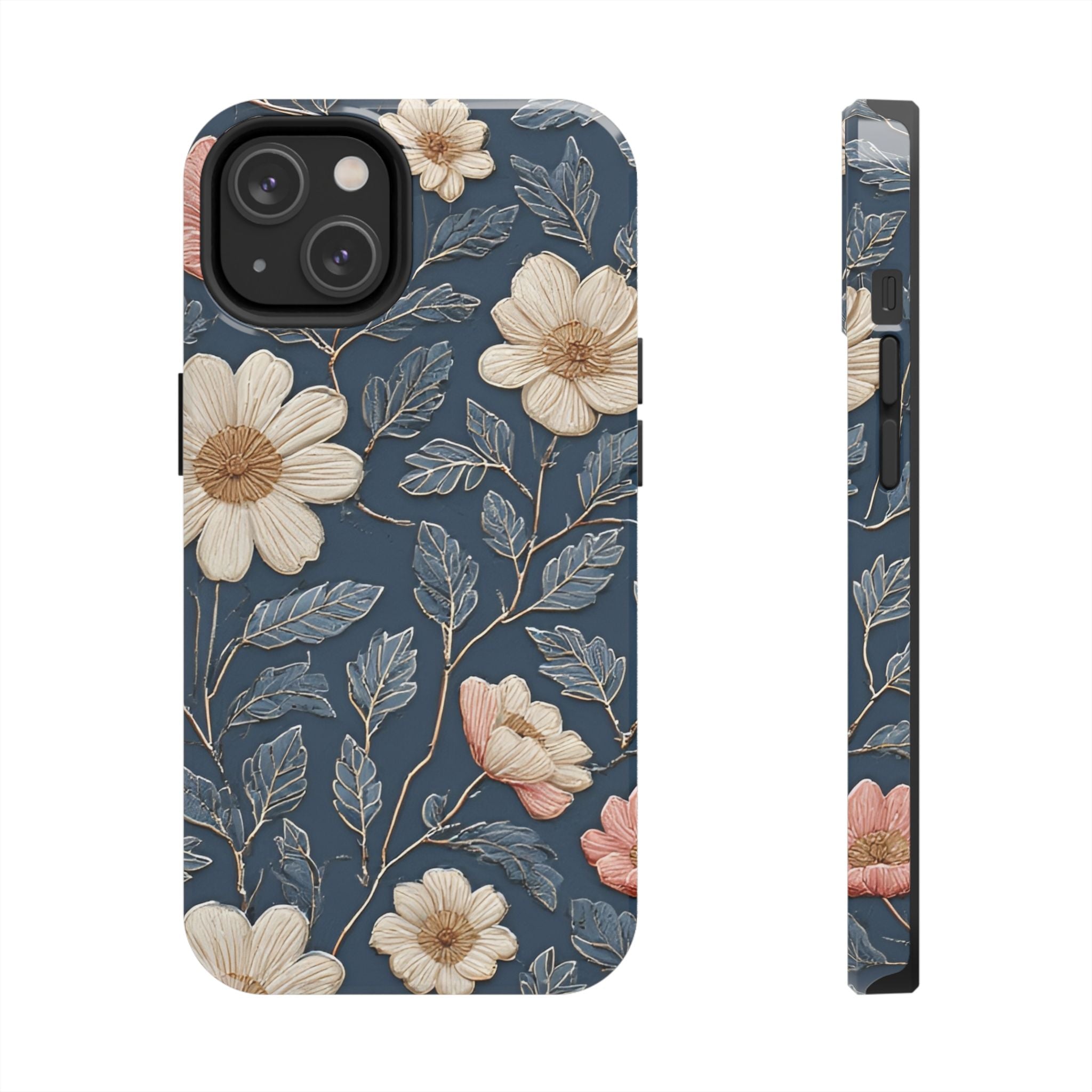Floral Tough Phone Case — Vintage Blue Daisy Protective Cover