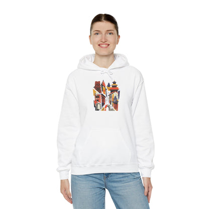 Cityscape Collage Hoodie — Colorful Urban Architecture Graphic Hoodie