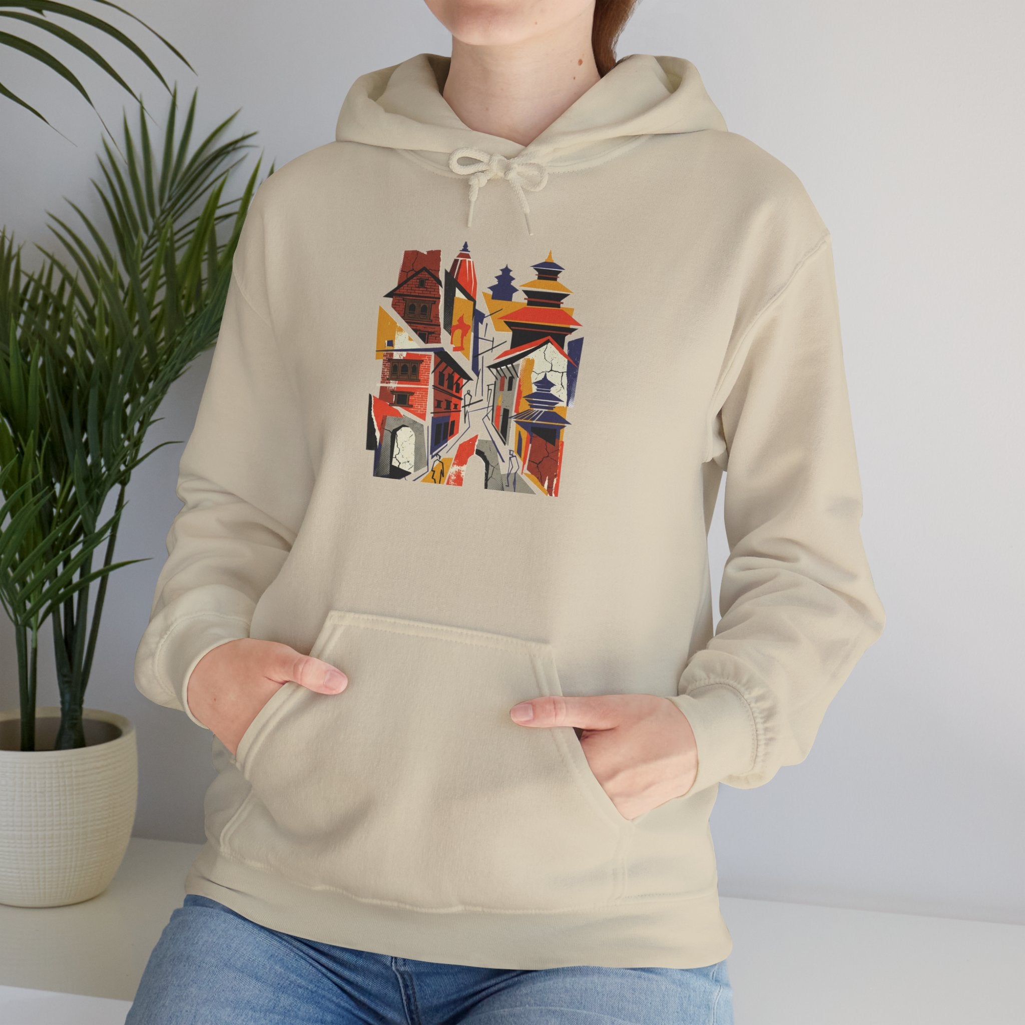 Cityscape Collage Hoodie — Colorful Urban Architecture Graphic Hoodie