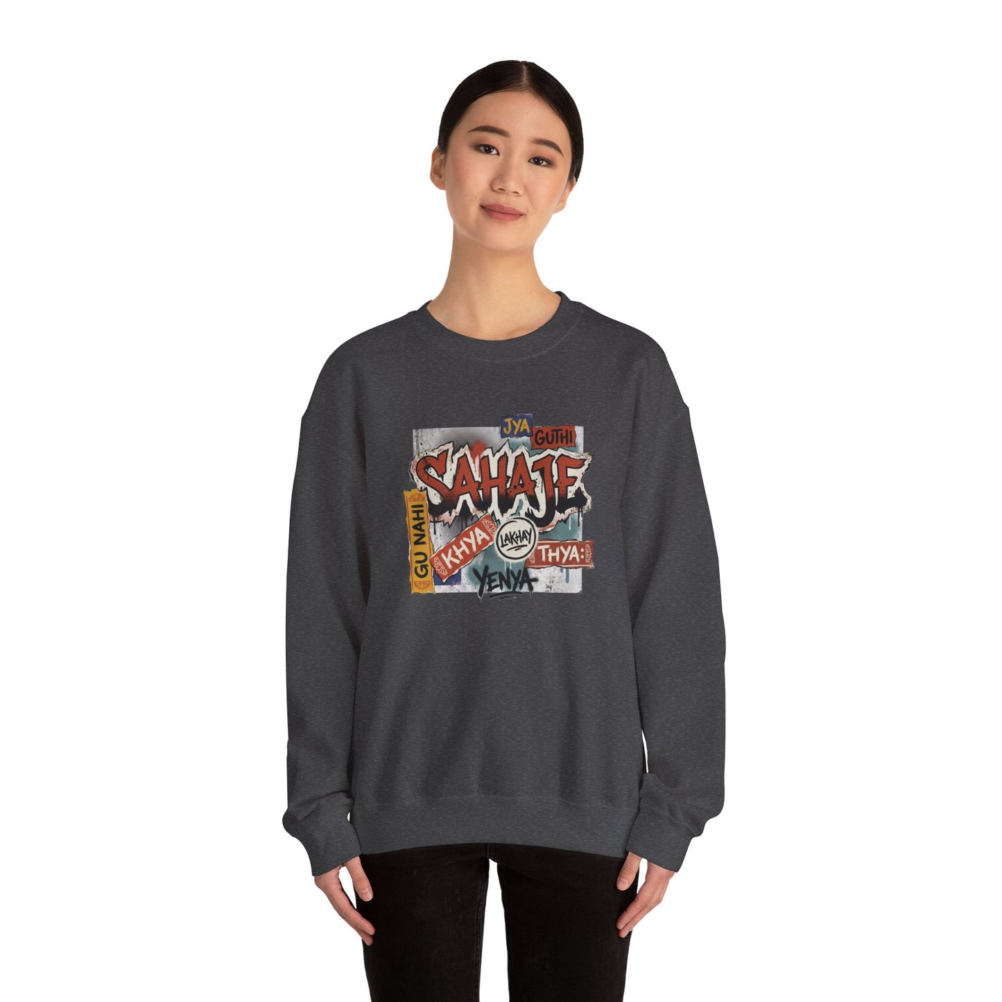 Crewneck Sweatshirt — 'Sahaje' Vintage Sticker Collage Graphic