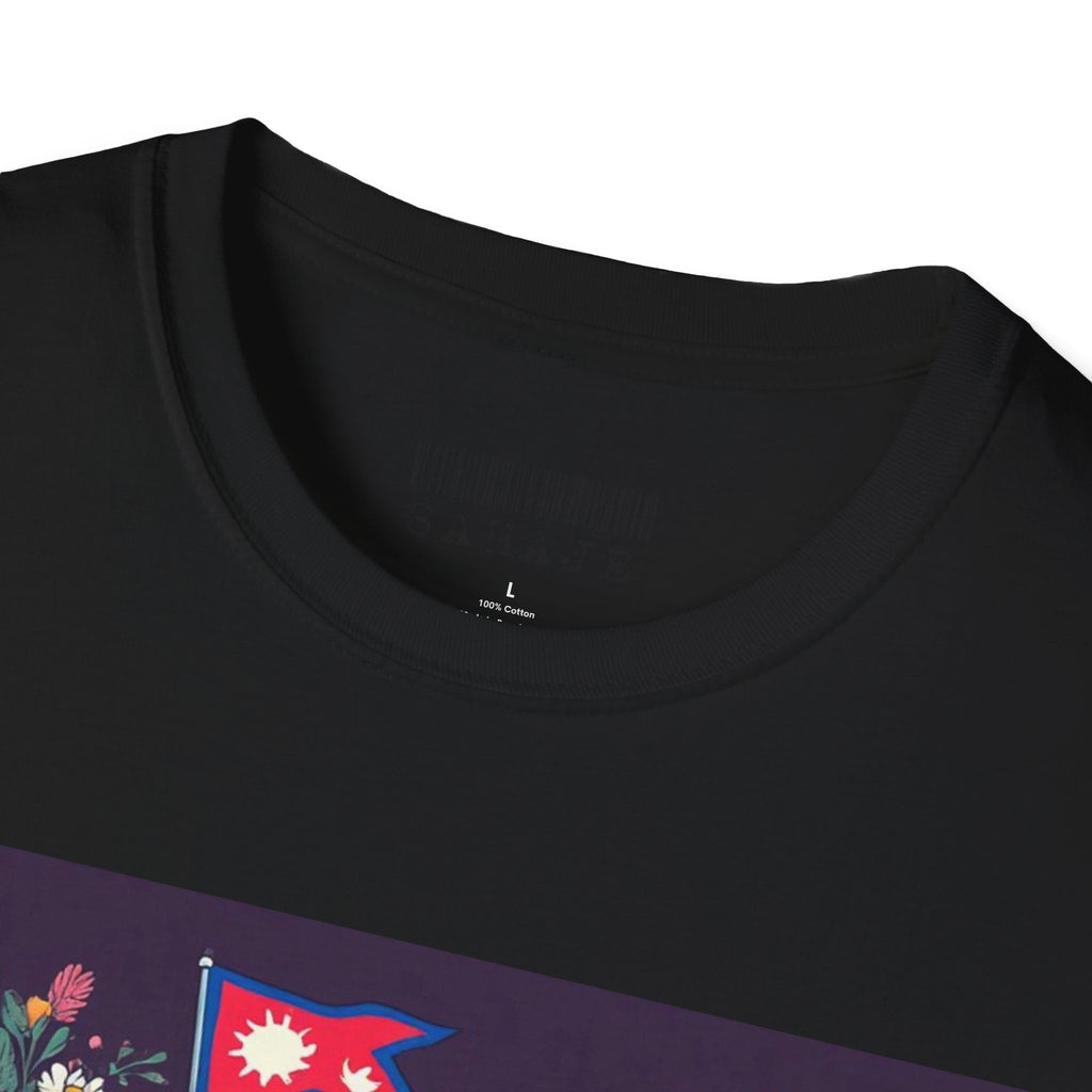 Bicycle Floral T-Shirt – Pink Bike with Baskets & "Sahaje" Text