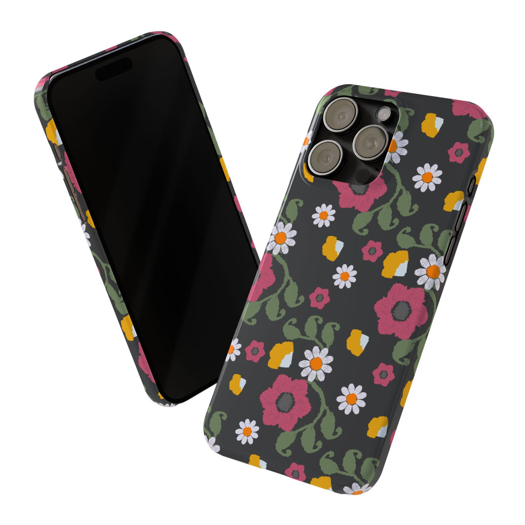 Floral Slim Phone Case, Black Flower Phone Cover, Stylish Phone Accessory, Gift for Her, Trendy Floral Case