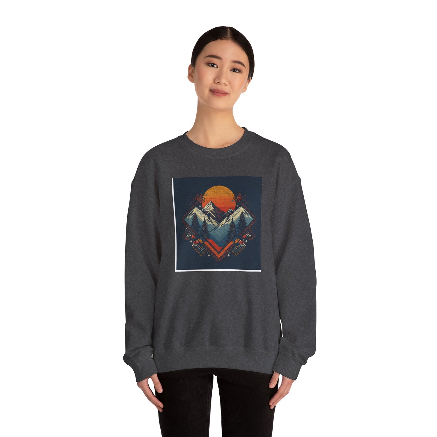Mountain Sunset Crewneck Sweatshirt — Retro Geometric Peaks Graphic