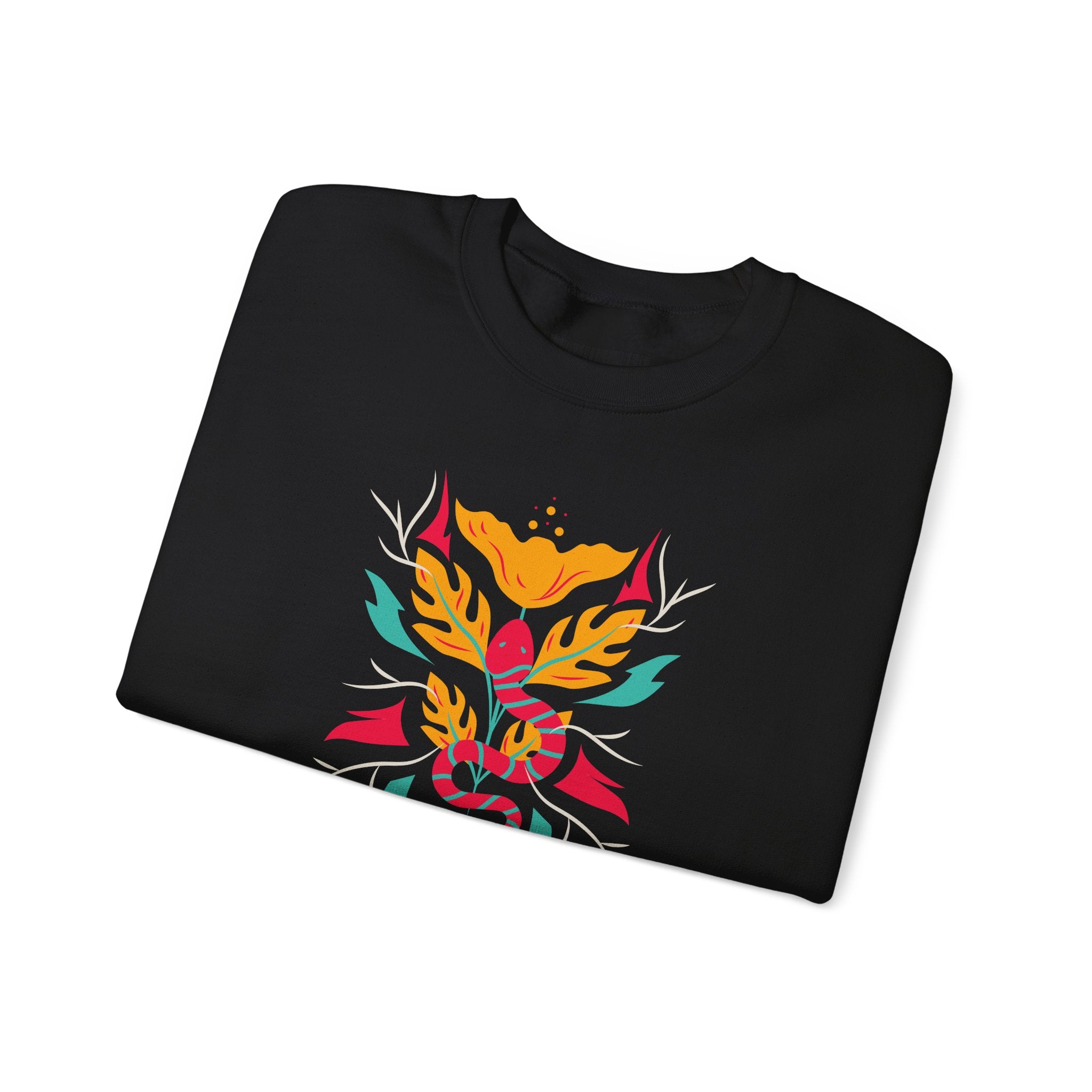 Sahajé Floral Snake Crewneck Sweatshirt — Colorful Botanical Serpent Graphic