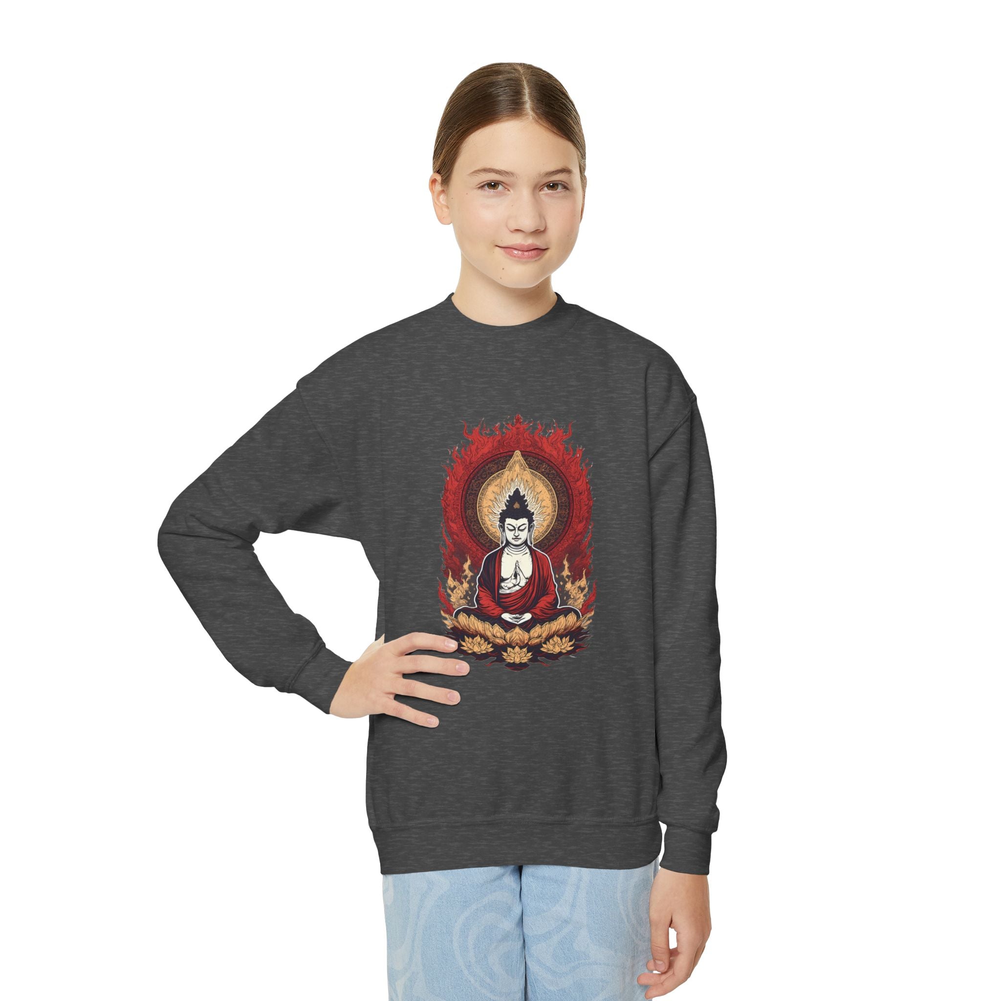 Buddha Flame Youth Crewneck Sweatshirt - Meditating Lotus Graphic