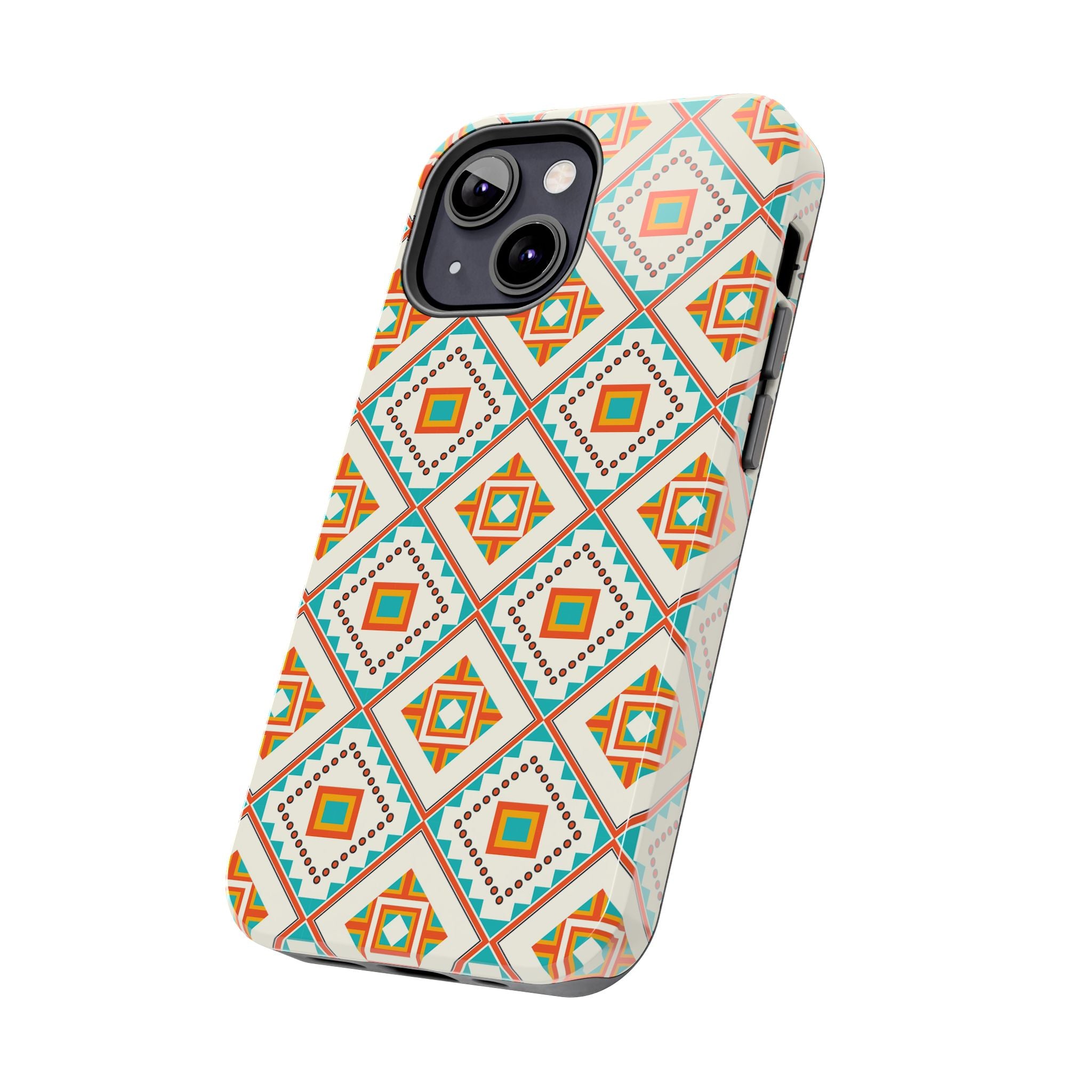 Tough Phone Case — Geometric Retro Tile Pattern, Orange & Teal Protective Cover