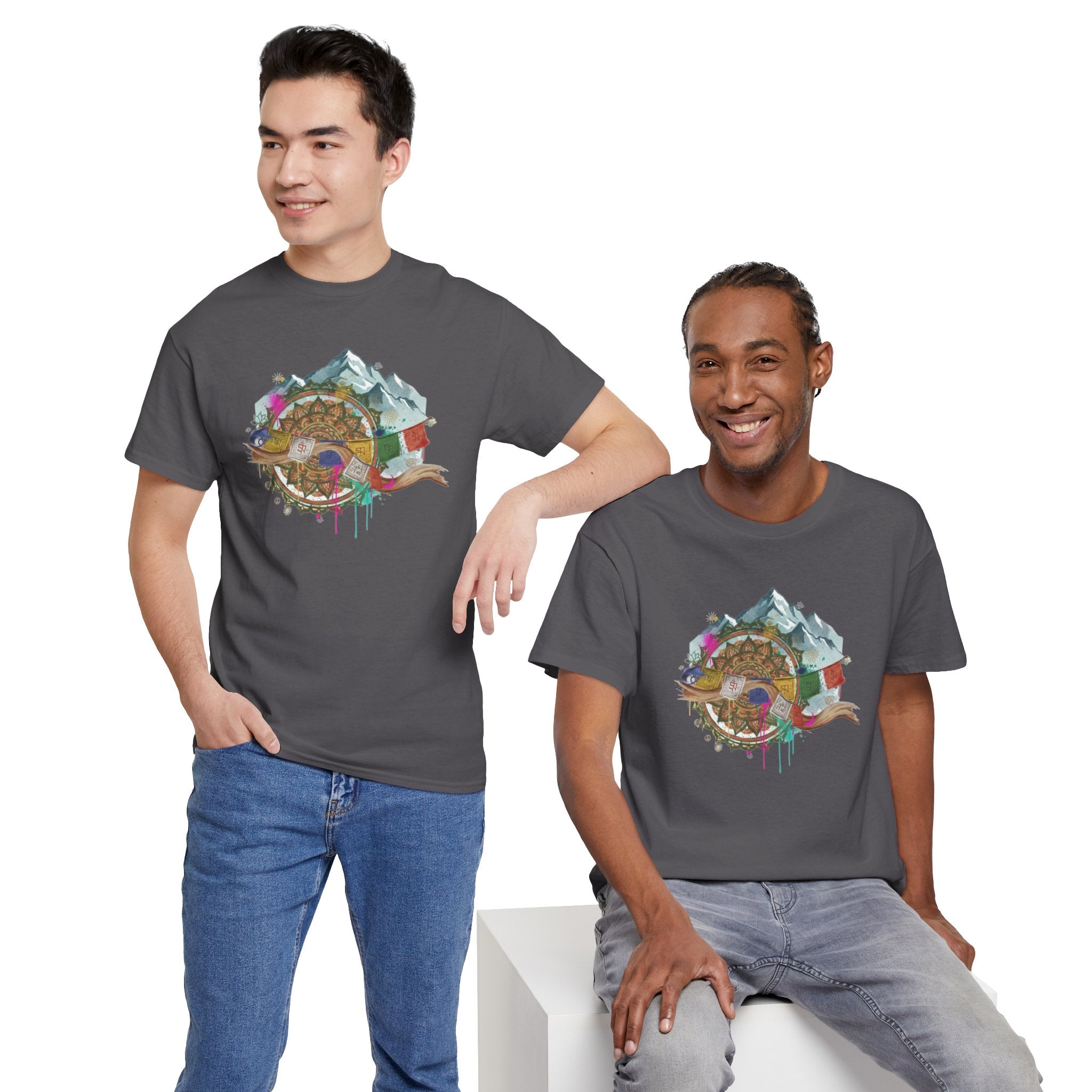 Adventure Compass Graphic Tee — Mountain, Globe & Flag Illustration