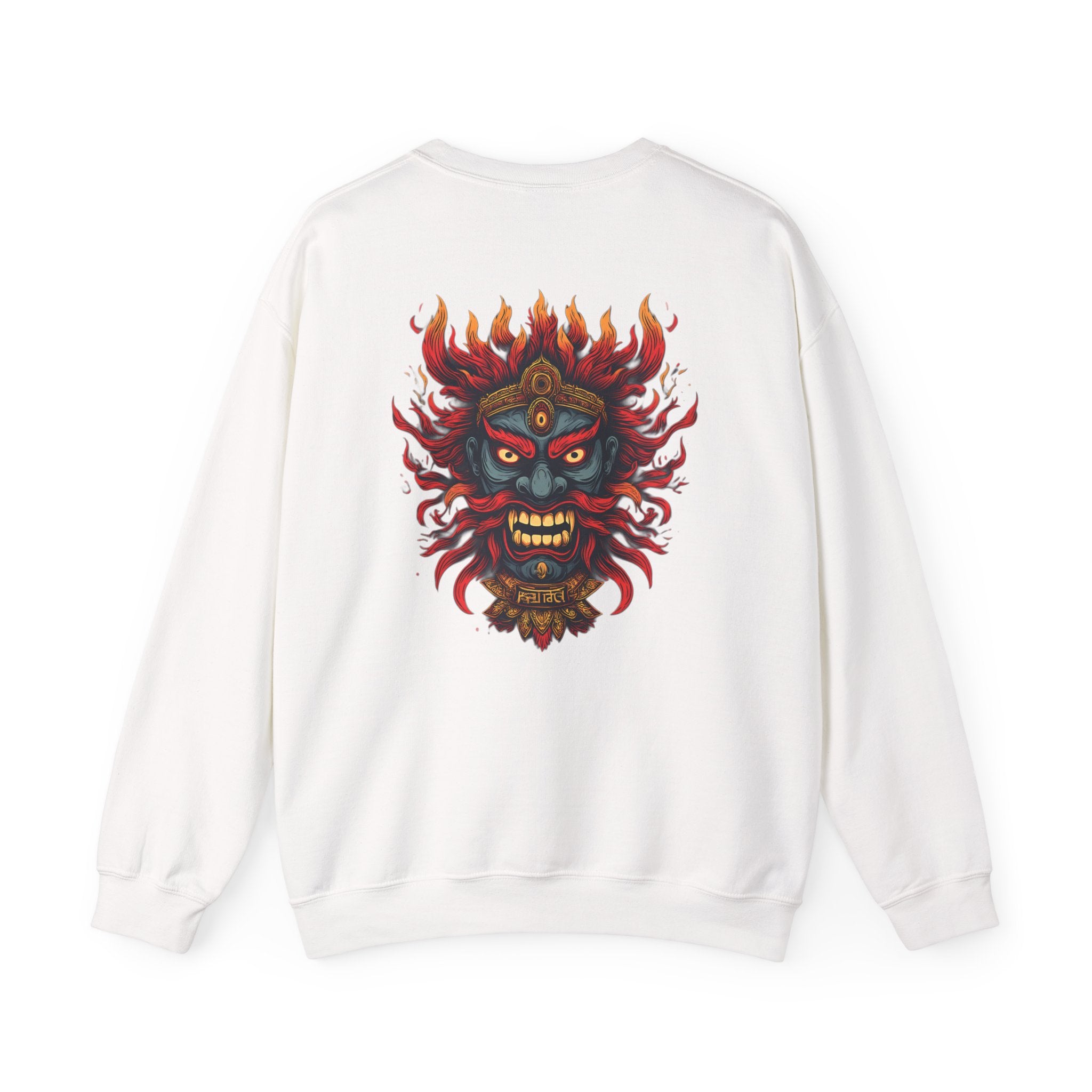 Crewneck Sweatshirt — Fiery Demon Mask Back Graphic