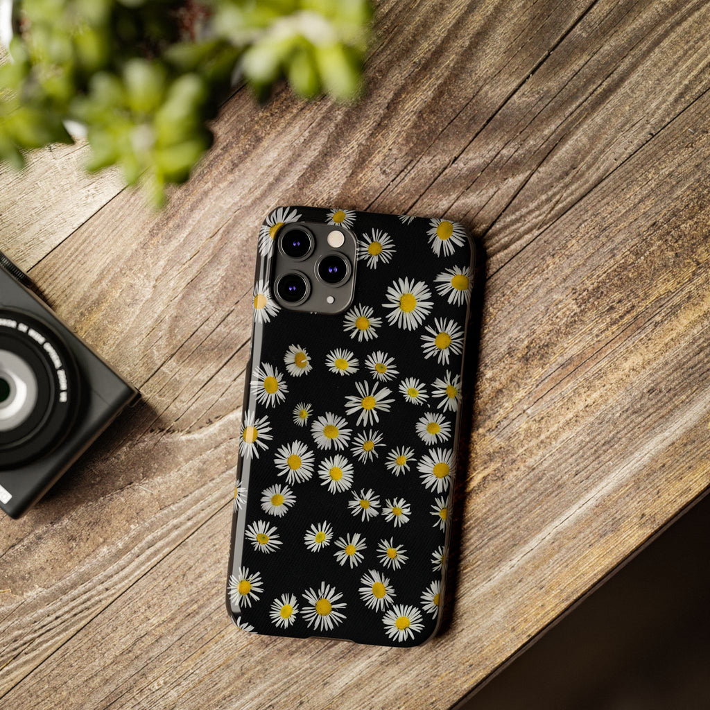 Daisy Pattern Slim Phone Case — Black Background Floral iPhone Case