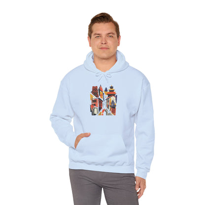 Cityscape Collage Hoodie — Colorful Urban Architecture Graphic Hoodie