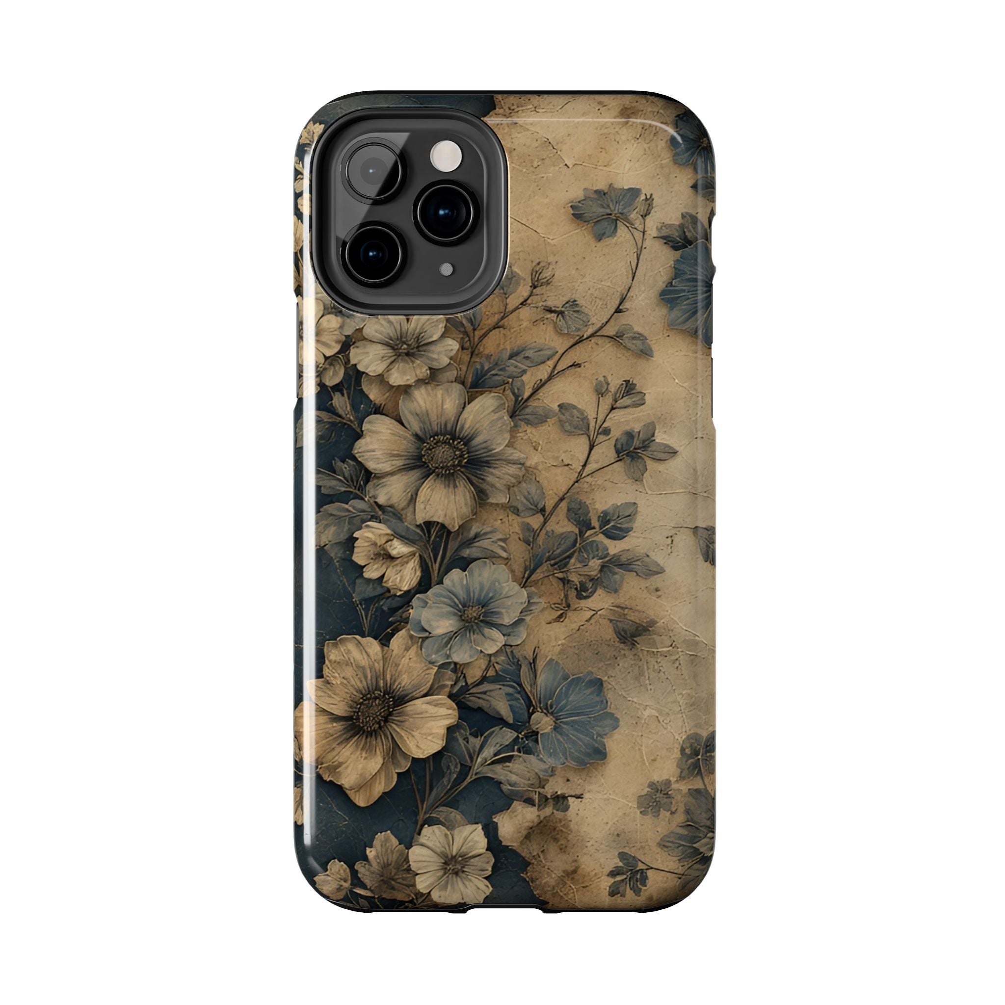 Vintage Floral Tough Phone Case — Antique Beige & Navy Protective Cover