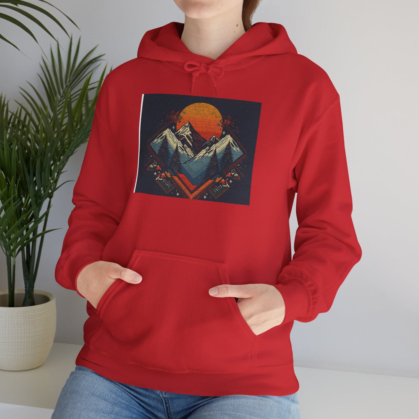 Mountain Sunset Hoodie – Retro Geometric Peaks & Rising Sun Sweatshirt