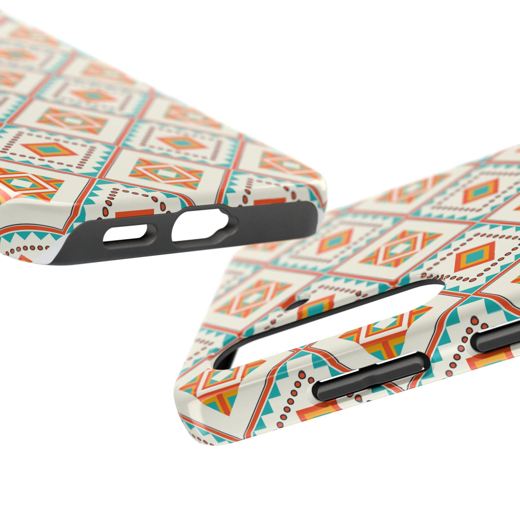 Tough Phone Case — Geometric Retro Tile Pattern, Orange & Teal Protective Cover