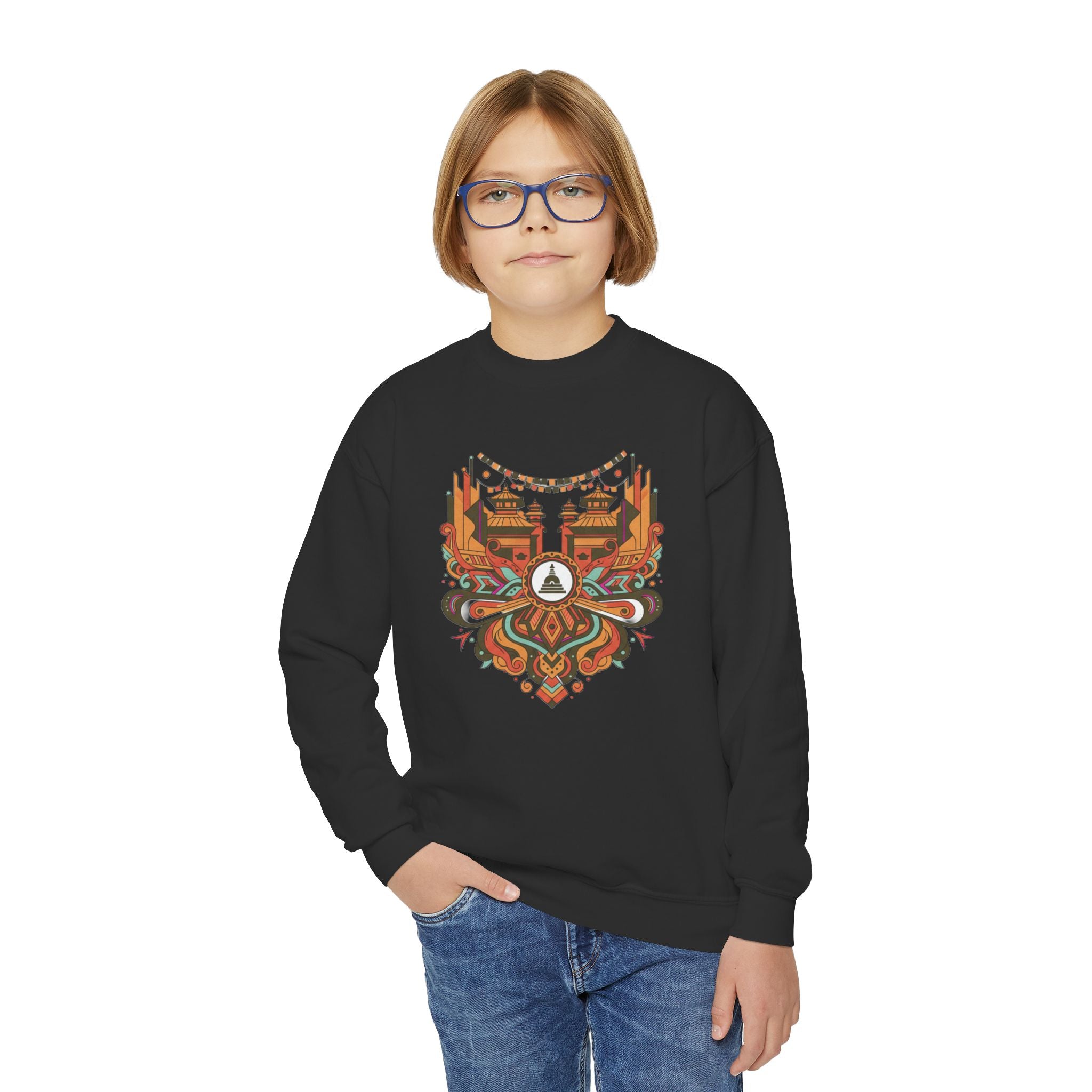 Youth Crewneck Sweatshirt — Retro Boho Fox Mask Graphic (Autumn Colors)