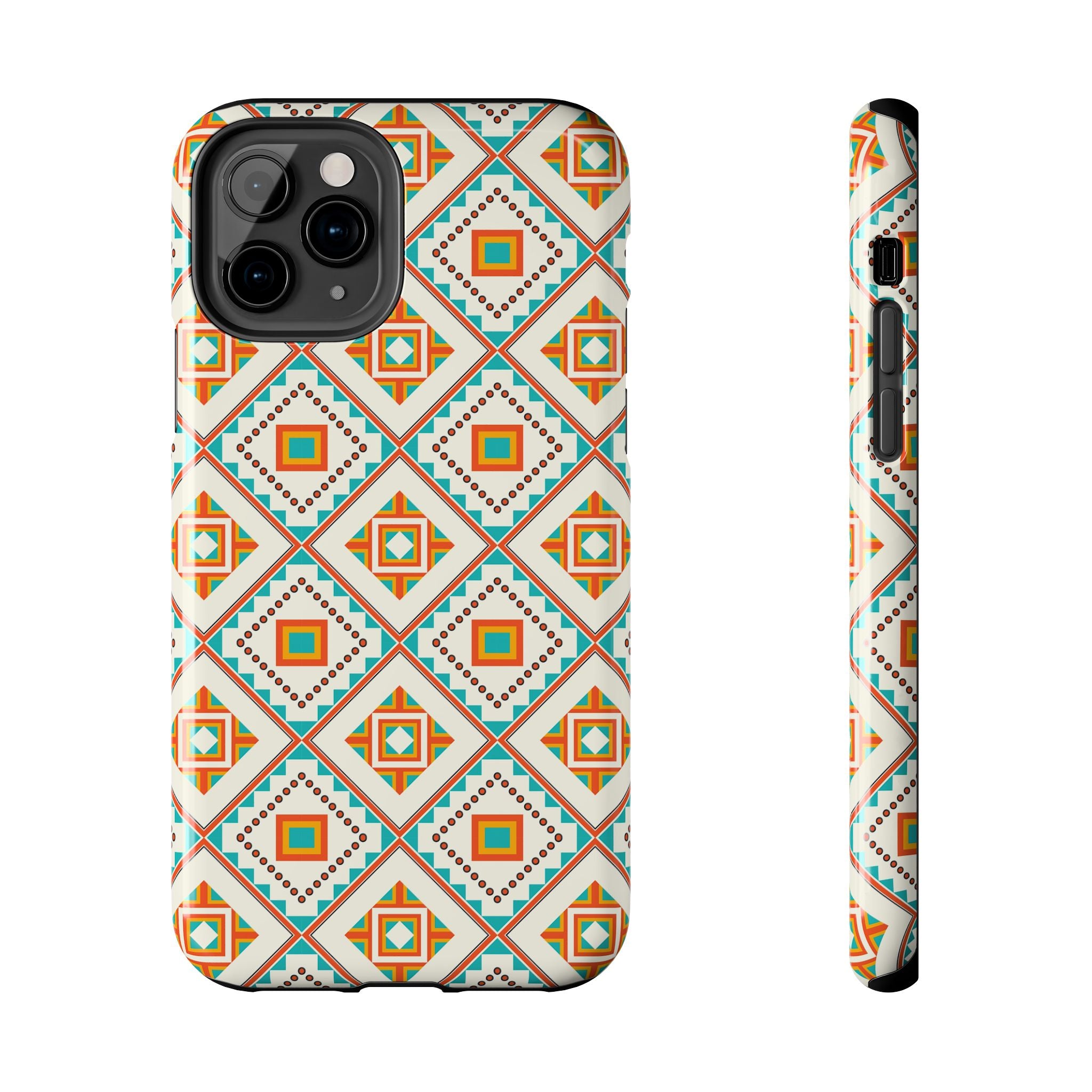 Tough Phone Case — Geometric Retro Tile Pattern, Orange & Teal Protective Cover
