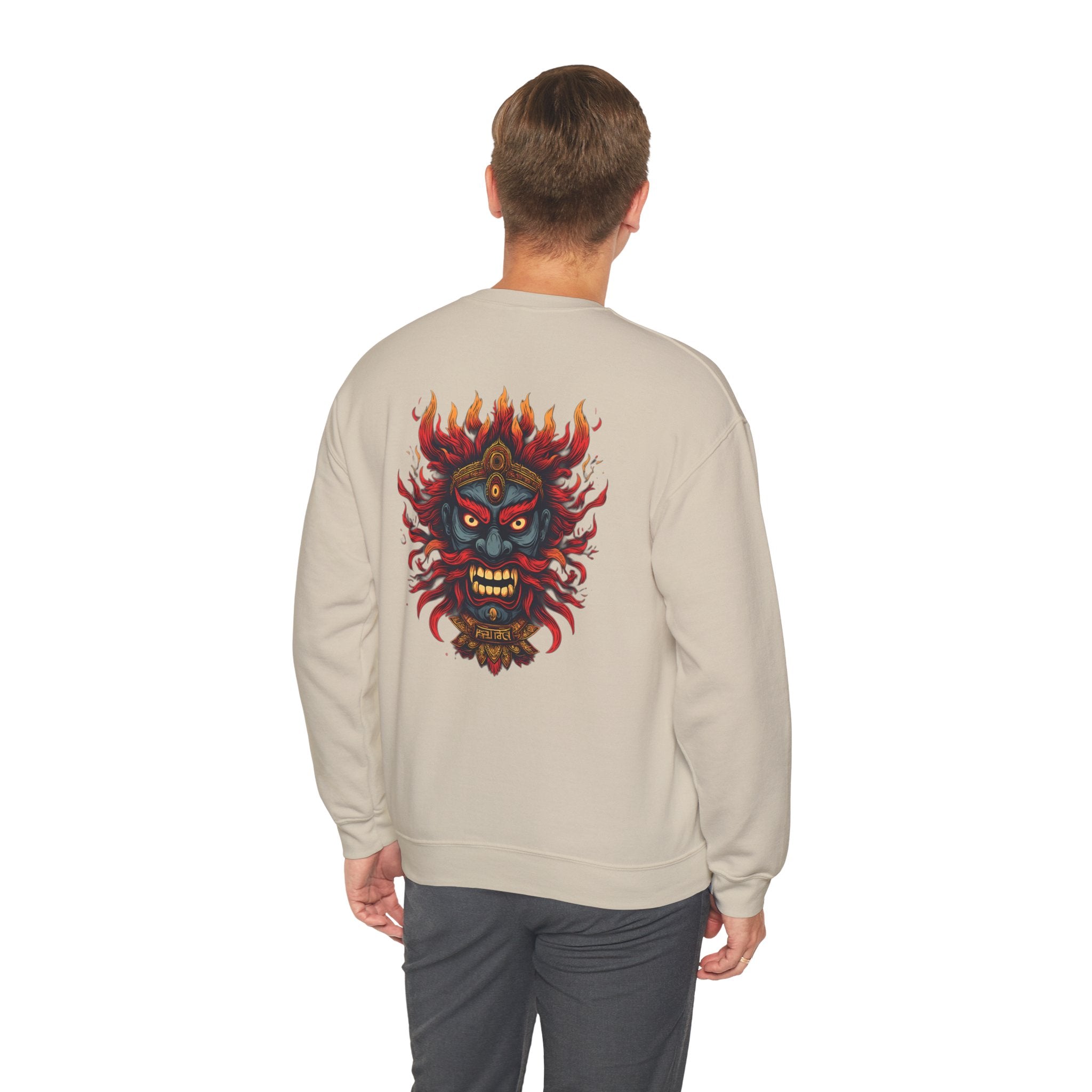 Crewneck Sweatshirt — Fiery Demon Mask Back Graphic