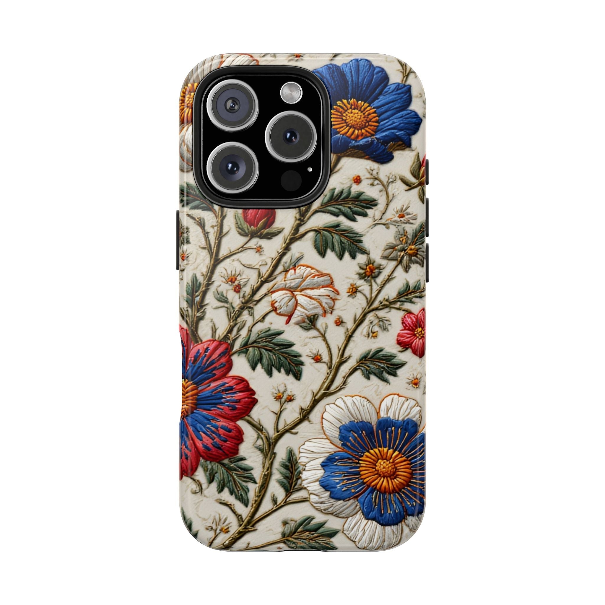 Floral Embroidery Tough Phone Case — Vintage Blue & Red Garden Design