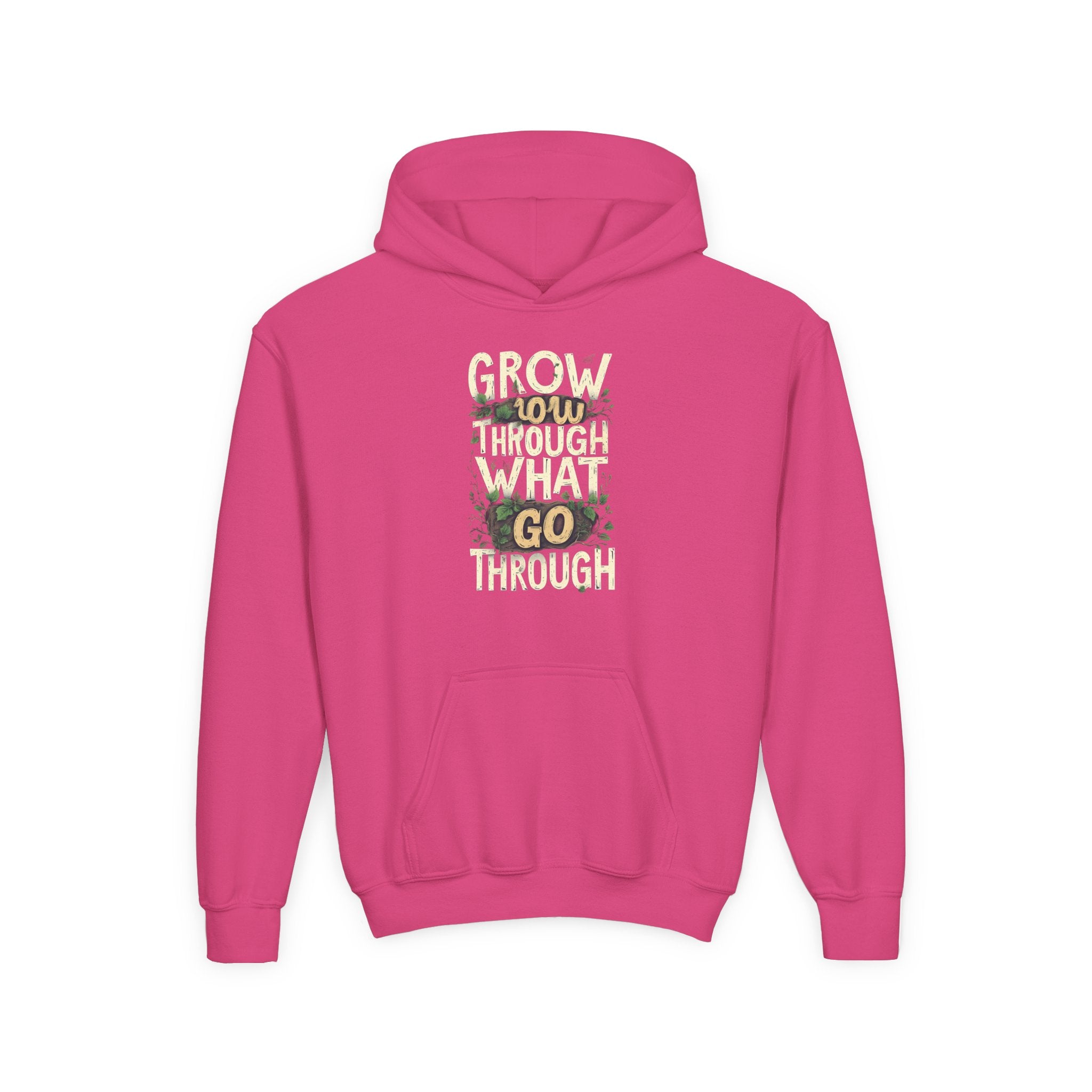 Youth Hoodie — 'Grow Slow, Go Through' Floral Motivational Hooded Sweatshirt