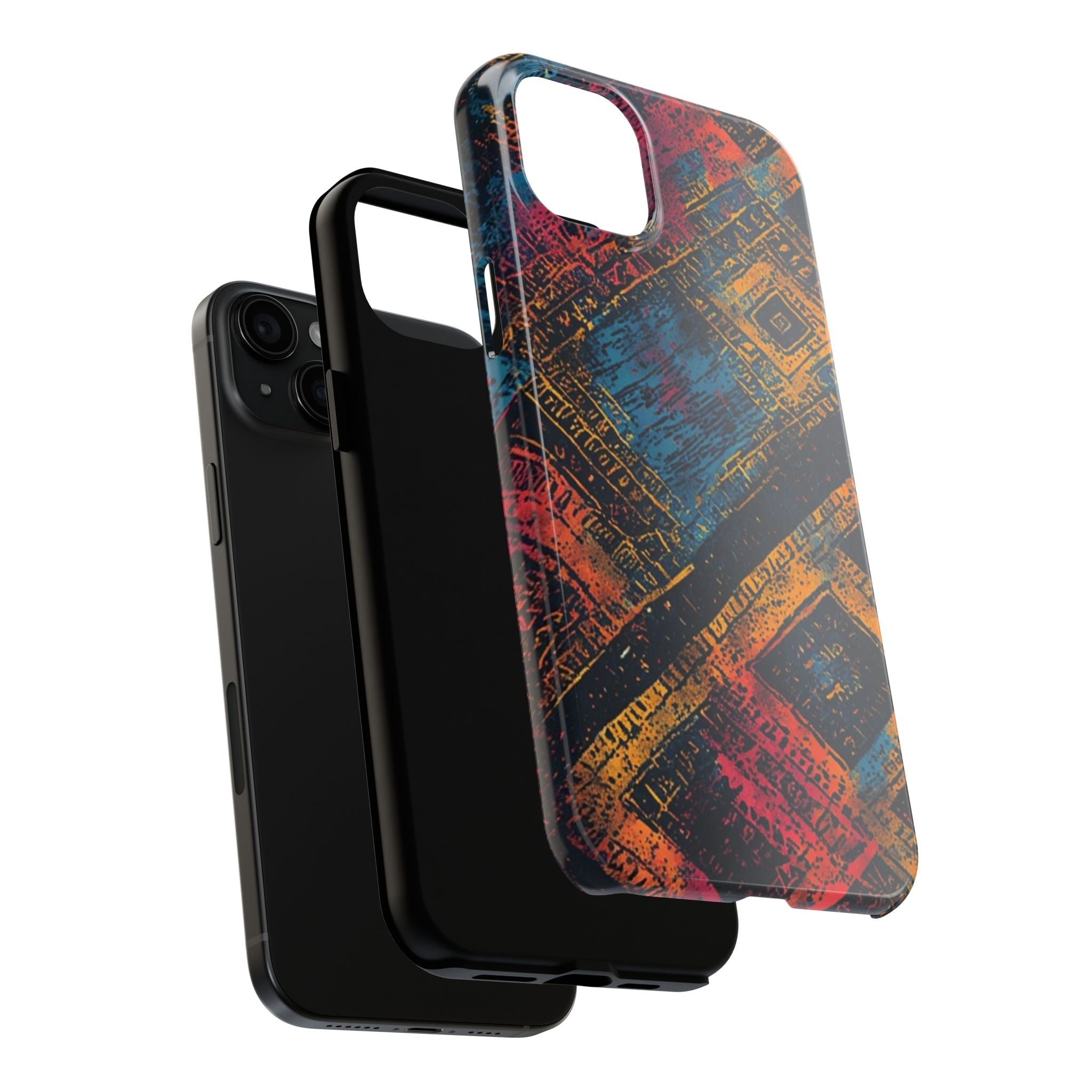 Tough Phone Case – Abstract Rustic Geometric Design (Blue, Orange, Magenta)