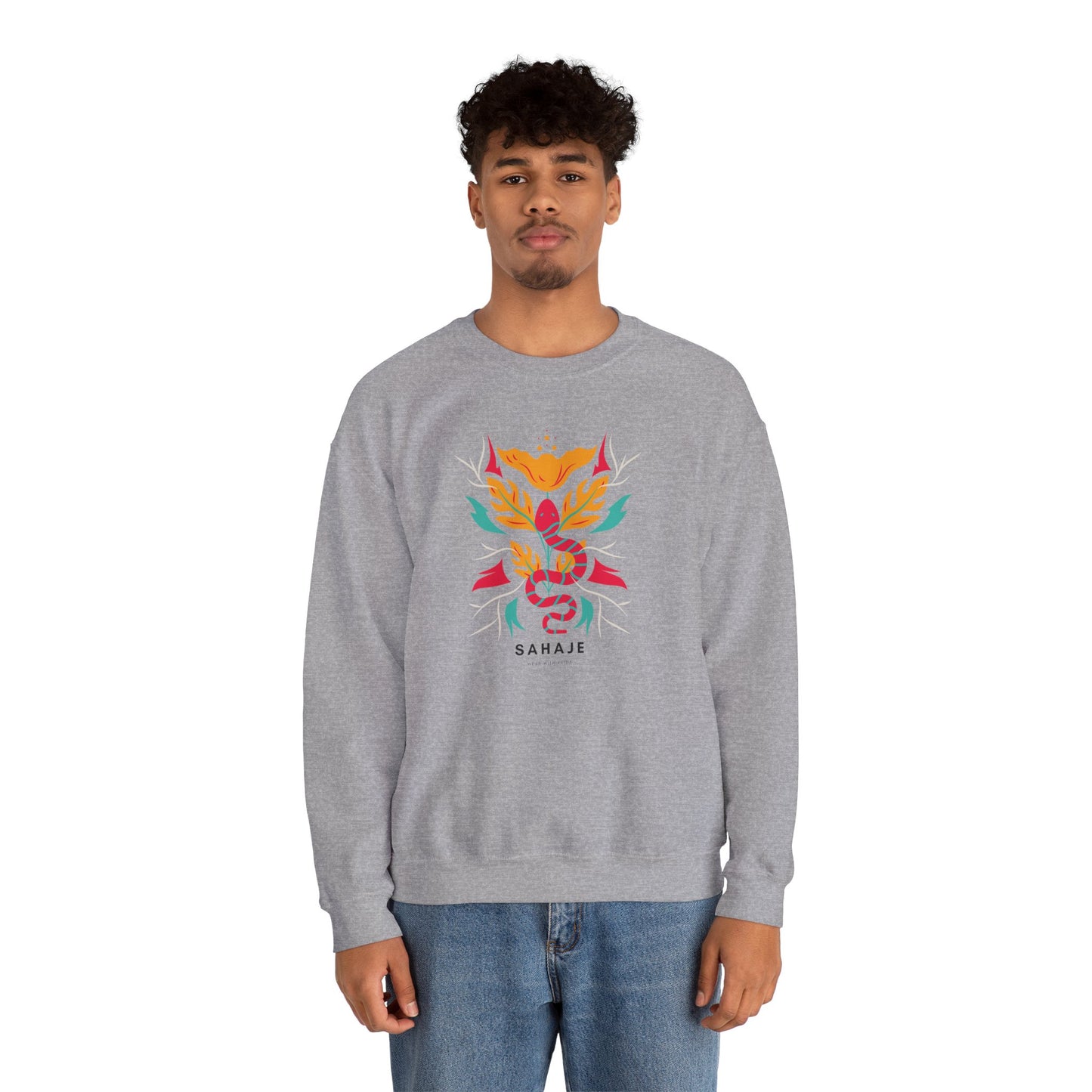 Sahajé Floral Snake Crewneck Sweatshirt — Colorful Botanical Serpent Graphic