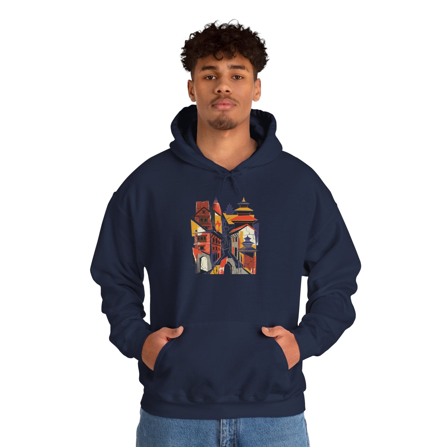 Cityscape Collage Hoodie — Colorful Urban Architecture Graphic Hoodie