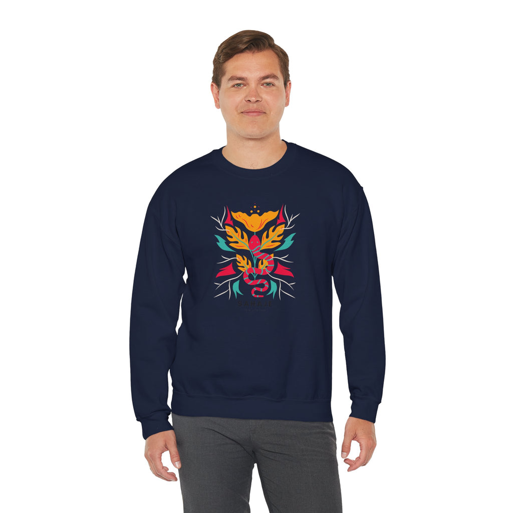 Sahajé Floral Snake Crewneck Sweatshirt — Colorful Botanical Serpent Graphic